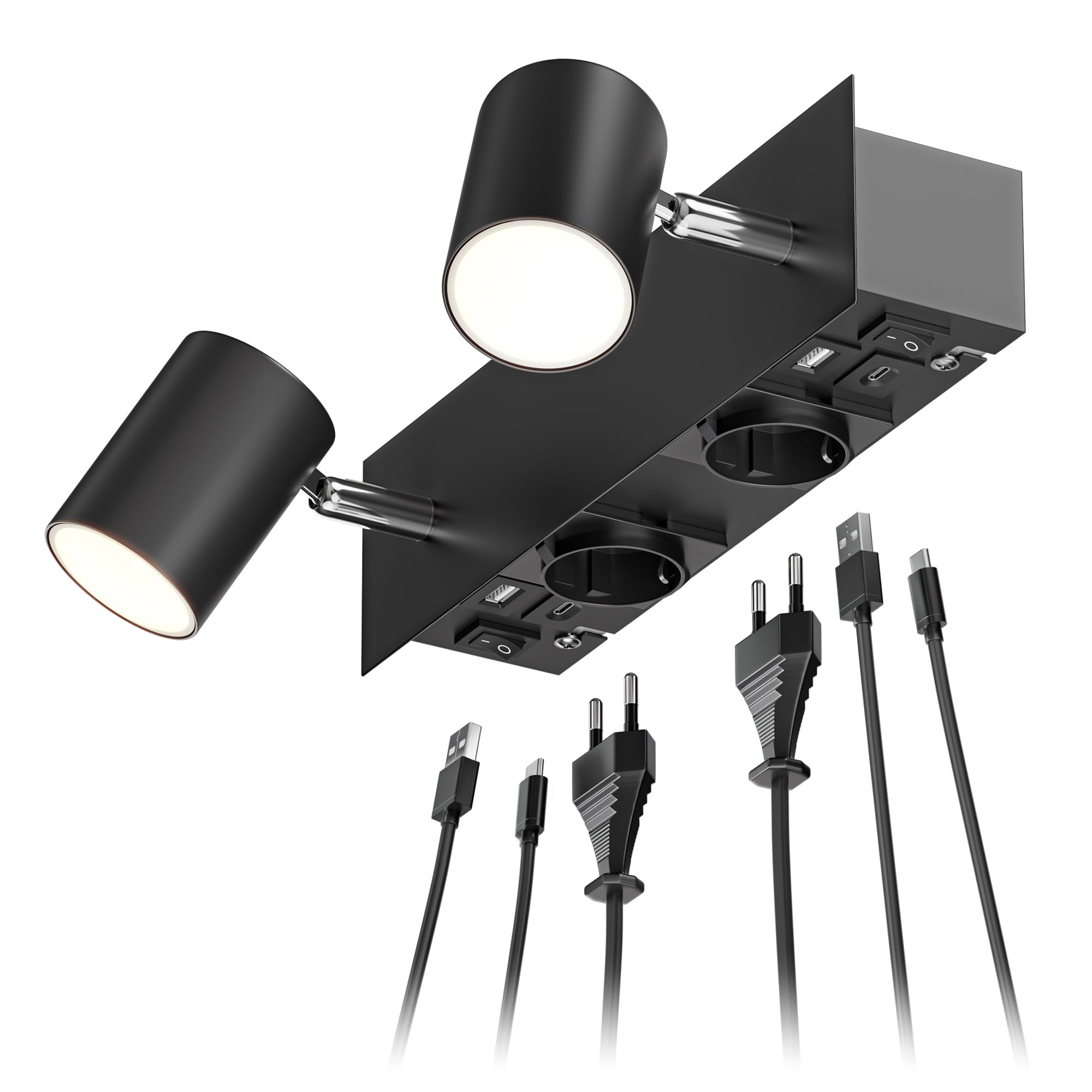 ledscom.de Wandleuchte WAIKA, 2-flammig, Schalter, schwarz, 2 Steckdosen, USB-C, USB-A, 2x GU10 max. 15W