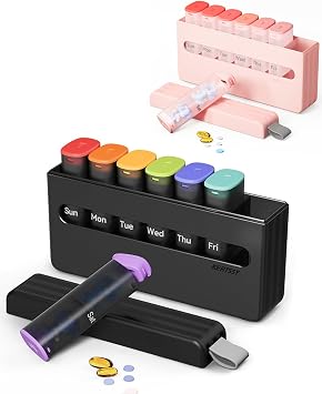Black/Pink Weekly Pill Organizer Set 2 Times a Day - Am Pm Pill Box 7 Day, Large Twice Medicine Pill Case for Daily Medication, Vitamins, Fish Oils, Supplements Portable Week Pill Holder Container