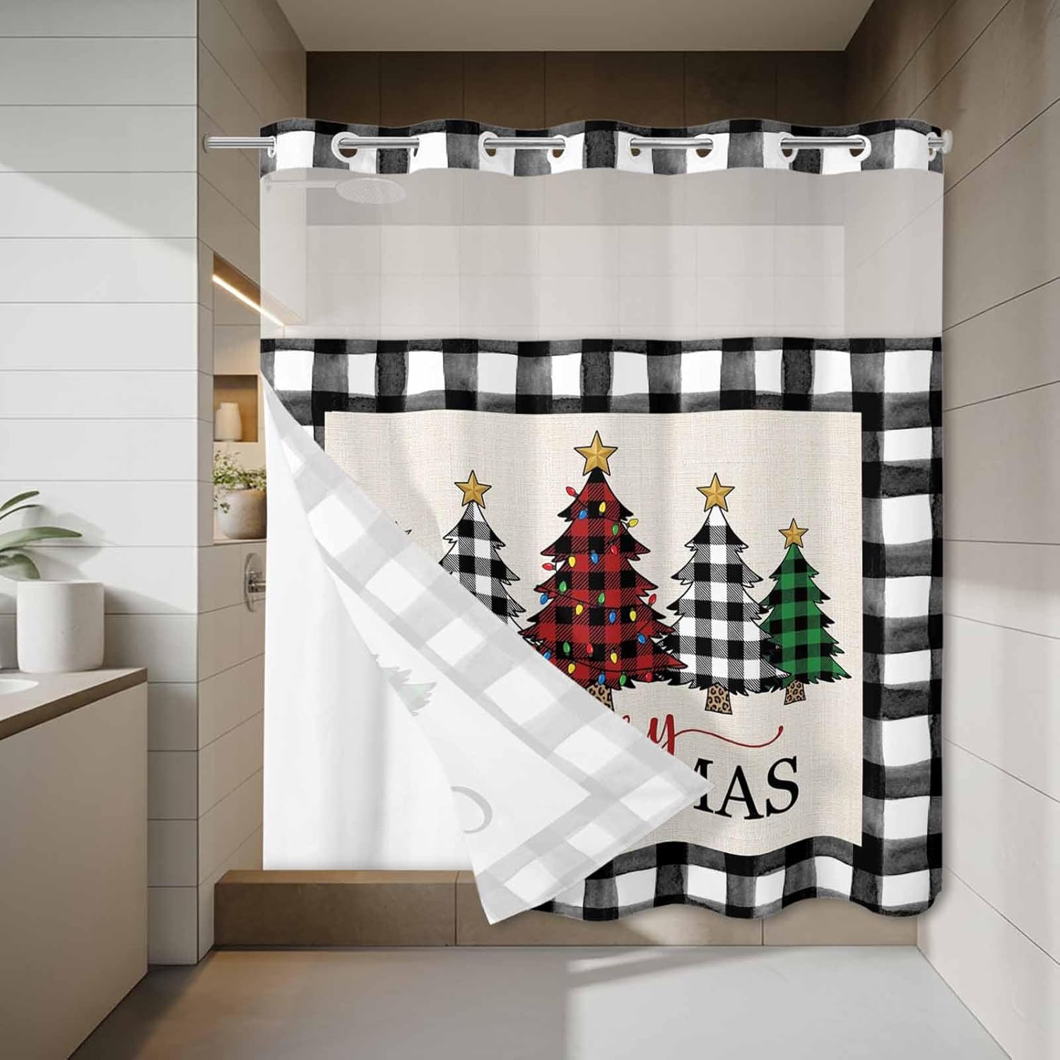 No Hook Shower Curtain and Liner Set, Christmas Tree Snap in Shower Curtain Set, Xmas Farmhouse Buffalo Plaid Retro Waterproof Fabric Bathroom Curtain with See Through Top Window 72"x78"