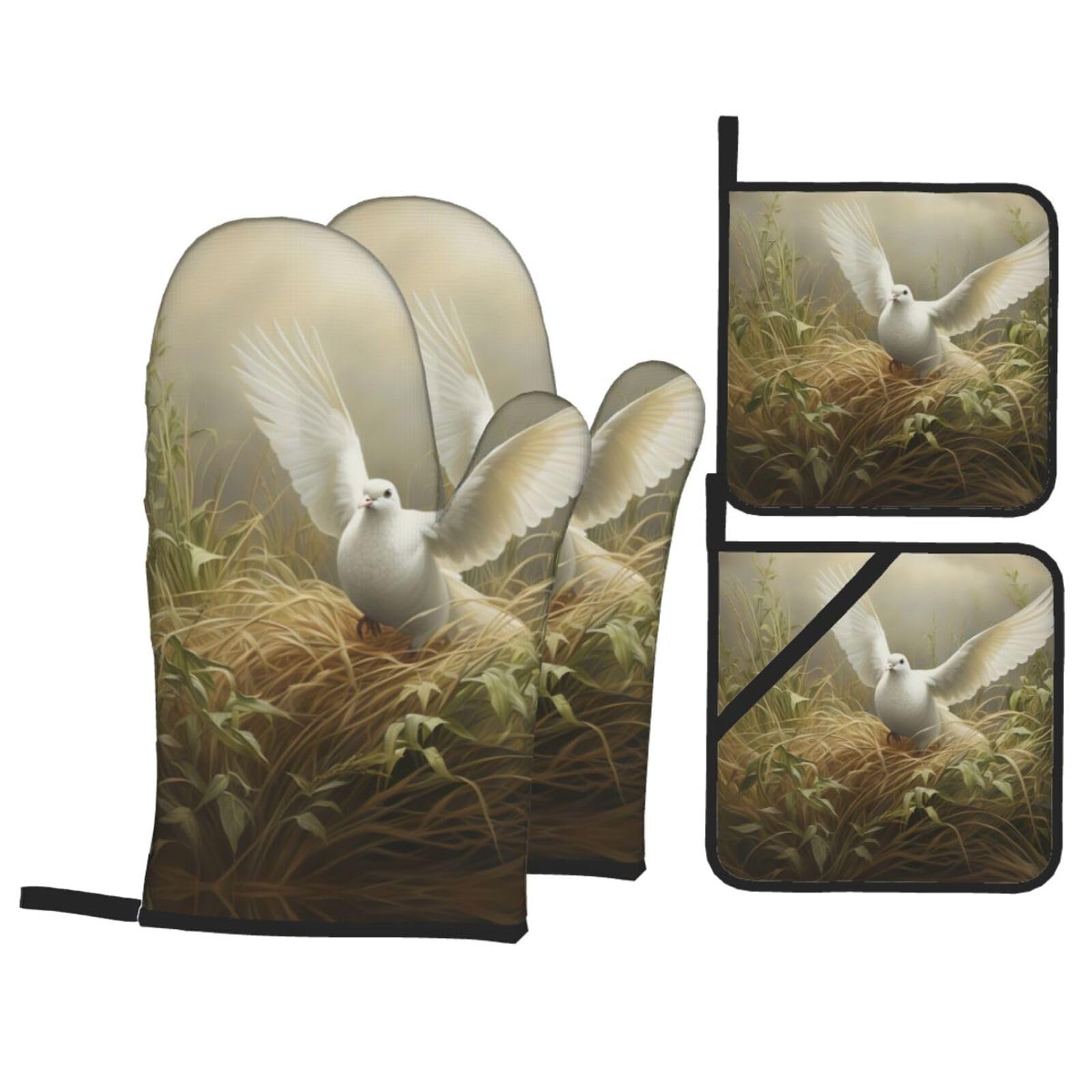 Nimongt Black Grass And Dove Print Heat-Resistant 4-Piece Oven Kitchen Gloves For Baking Cooking Microwaving Essentials