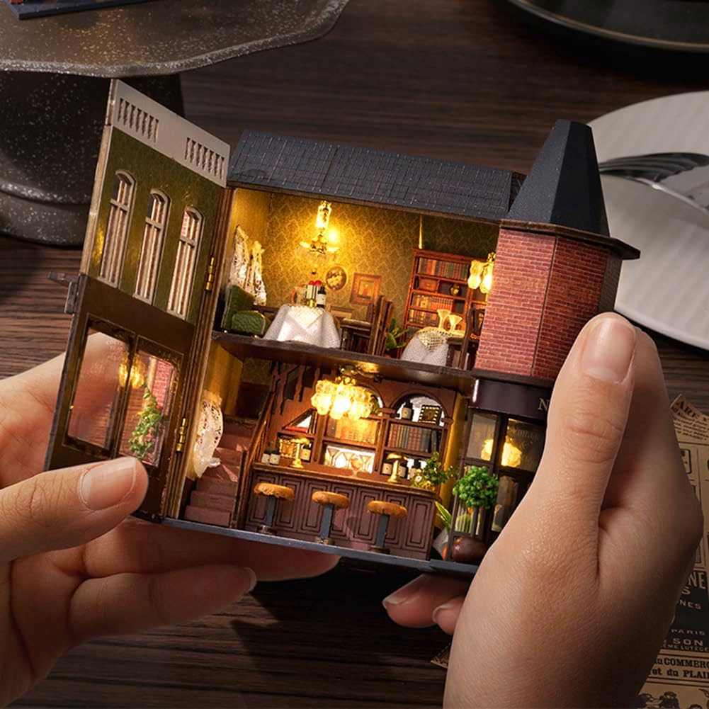 DIY Miniature Wooden Dollhouse Furniture Kit,Mini Handmade Doll House with LED,1:24 Scale Creative Woodcrafts Toys for Adult Friend Lover Birthday Gift (Corner Western Restaurant)