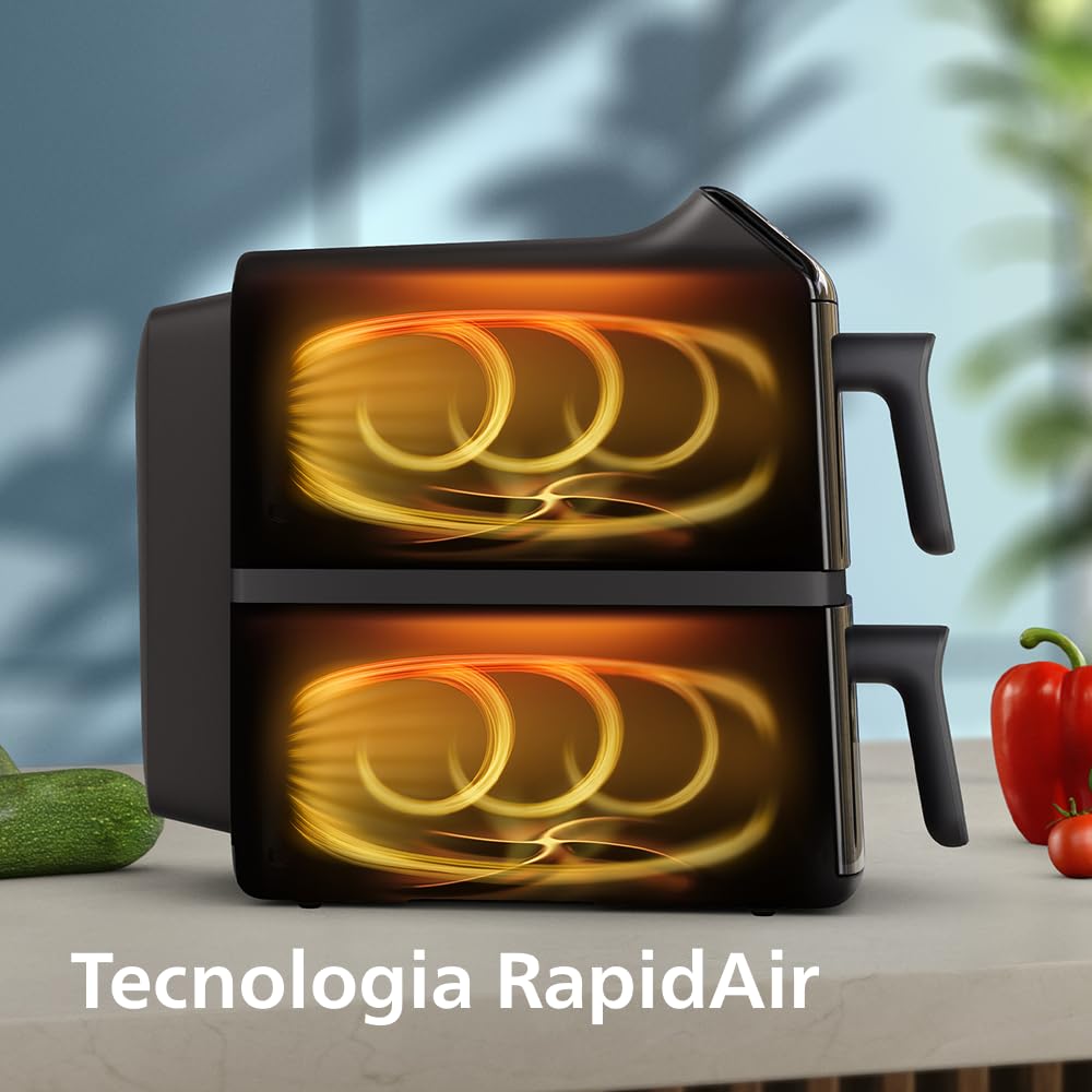 Philips Airfryer Serie 4000, Friggitrice ad Aria Doppio cestello Verticale da 10L, Tecnologia RapidAir, Funzione Sync, Rivestimento in ceramica no PFAS, Finestre, 45% più piccola (NA460/00)