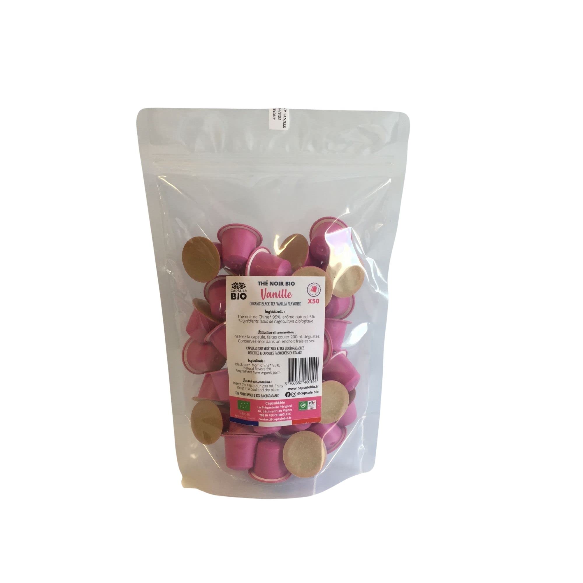 CAPSUL&BIO Té Negro Orgánico Vainilla - Compatible con máquinas de cápsulas Nespresso - Bolsa de 50 cápsulas biodegradables, 100% vegetales, rápido y saludable, fabricado en Francia.
