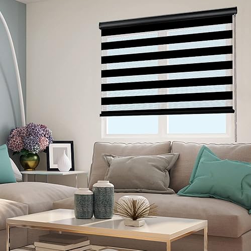 Miniatura 5 de Kokorona Zebra - Persianas enrollables para ventanas, de doble capa con cenefa, color negro, 34 pulgadas de ancho x 72 pulgadas de alto