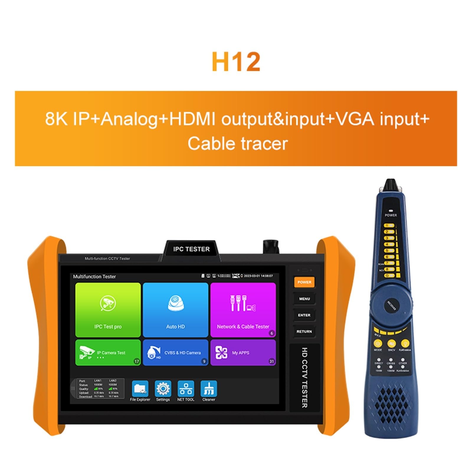 Tester CCTV, Tester CCTV NUOVA versione 8 pollici 8K H.265 H12-CLMOVTADHSEF telecamera IP Supporto POE++, o SFP Ipc Poe | H12