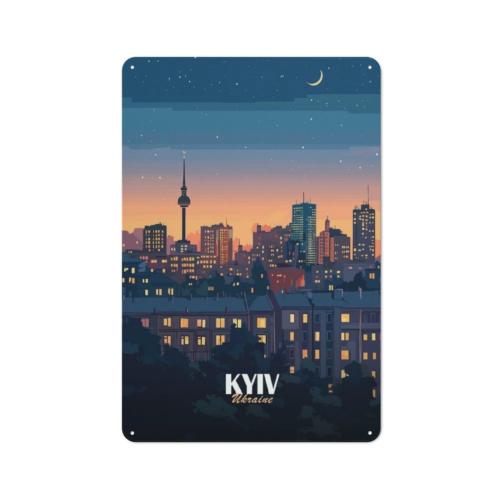 Kyiv, Ukraine Cityscape at Night Vintage Metal Sign 30x20cm, Nostalgic Pub Wall Decor for Pub, Home Bar, Shed Or Man Cave