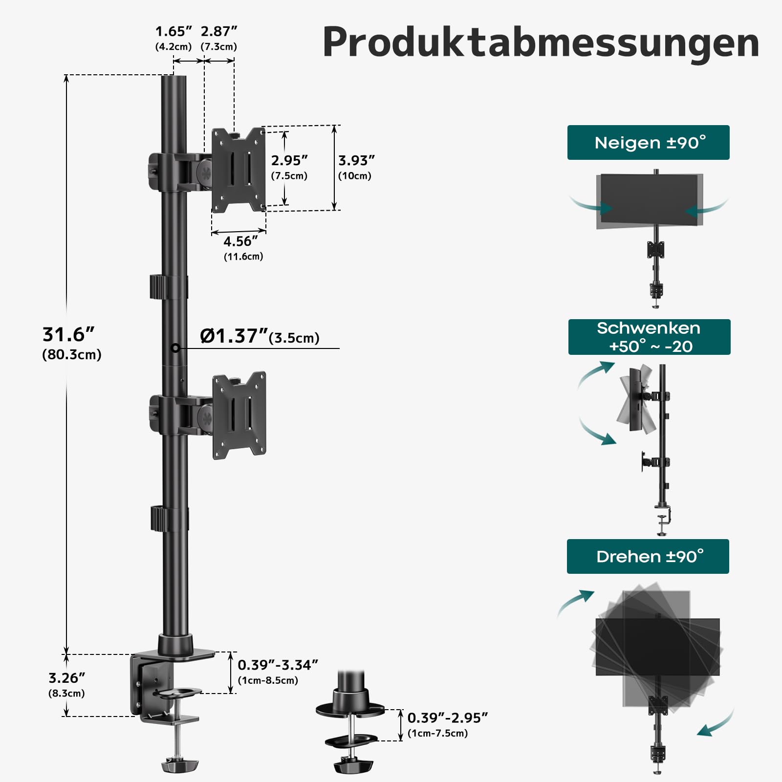 Monitor Halterung 2 Monitore übereinander – Höhenverstellbarer Dual-Arm Ständer für 17-49 Zoll Flach & Curved, bis zu 20 kg pro Arm, VESA 75/100 mm (Schwarz)