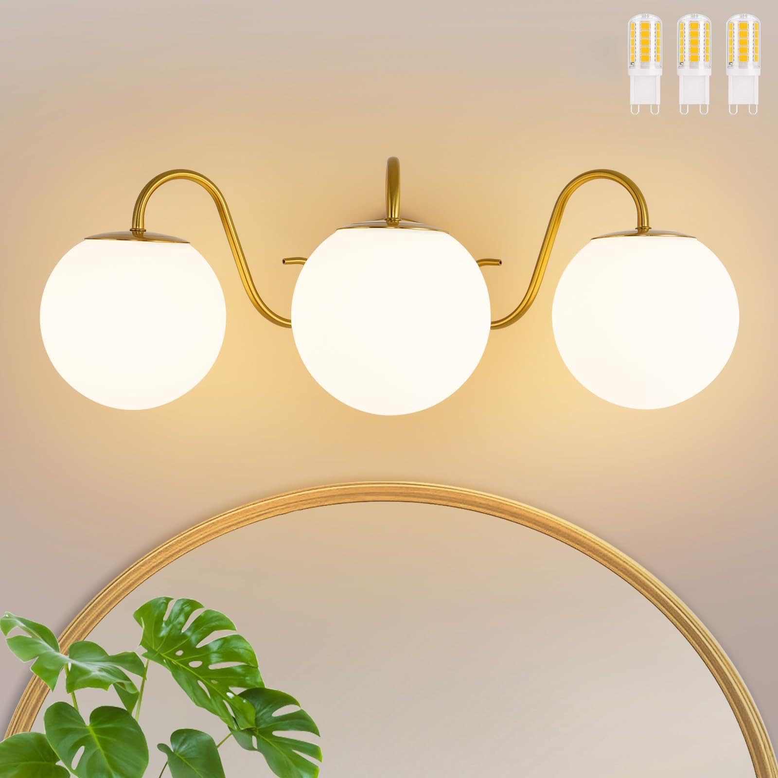 Photo 1 of 3 Lights Vintage Bathroom Vanity Light Fixtures Over Mirror, Brushed Gold Vanity Lights For Bathroom With Milk White Glass Globe Shade, Wall lights For Bedroom, Hallway, Dressing Table,Includ G9 Bulbs