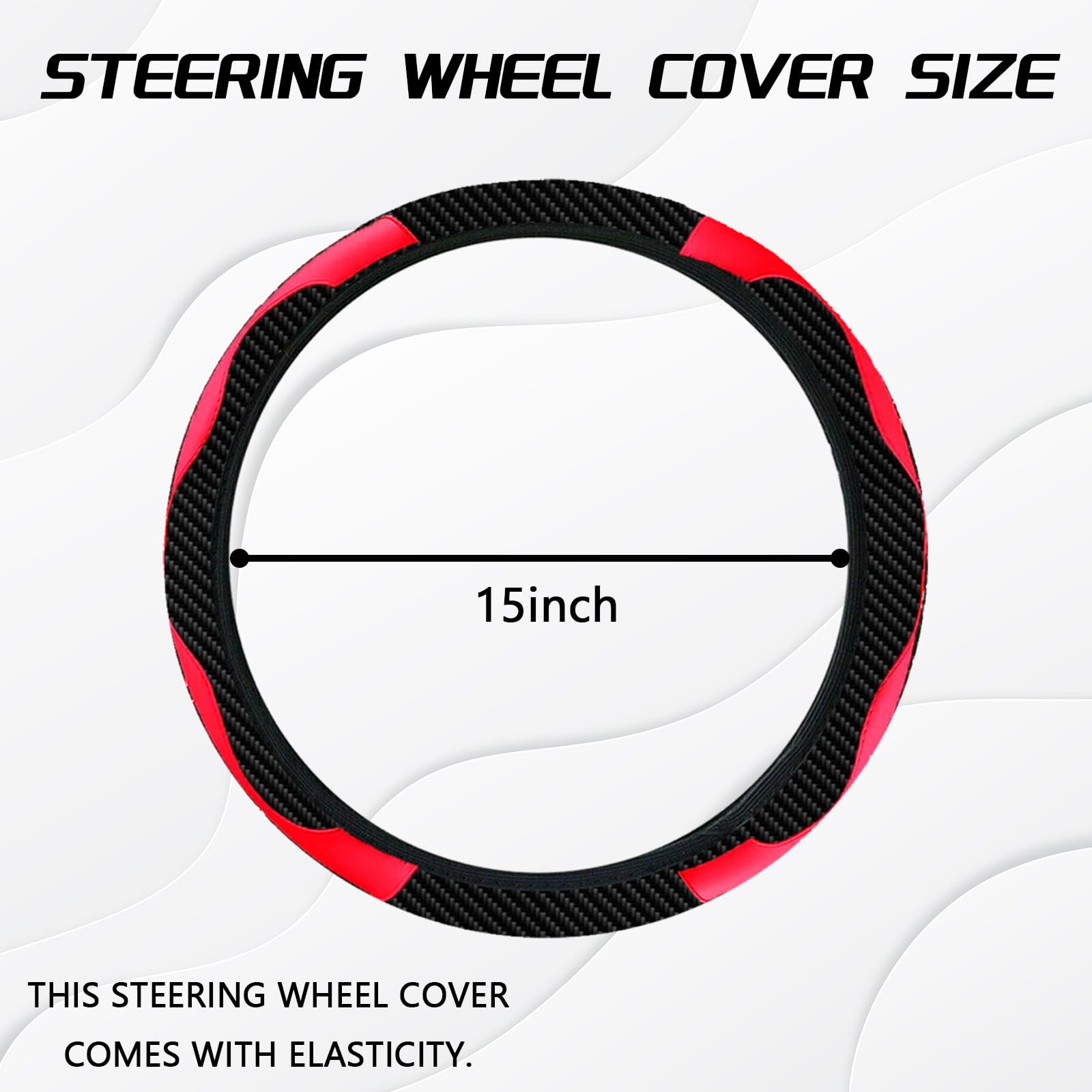 BEYPOVK Car Steering Wheel Cover, Anti-Slip Breathable Carbon Fiber PU Leather Steering Wheel Protector, Universal Microfiber 15 inch Car Interior Accessories (Red)