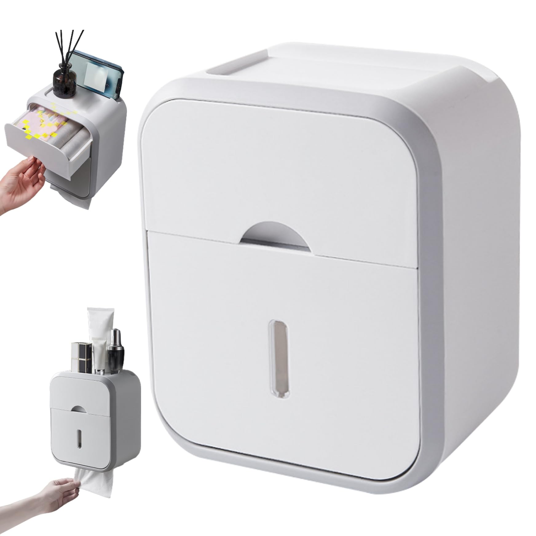 NASSMOSSE Self-Adhesive Toilet Paper Holder with Drawer – Waterproof Wall Box, No-Drill, Space-Saving Organiser