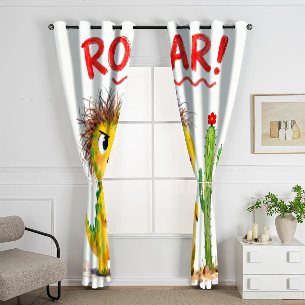 Dinosaure pour Enfants Salon Rideaux Occultants, Dinosaure de Dessin animé Enfants Panneaux de Rideaux intérieurs, Animaux Sauvages Mignons Draperies, Chambre Décoration Fenêtre L132 x H240cm x2