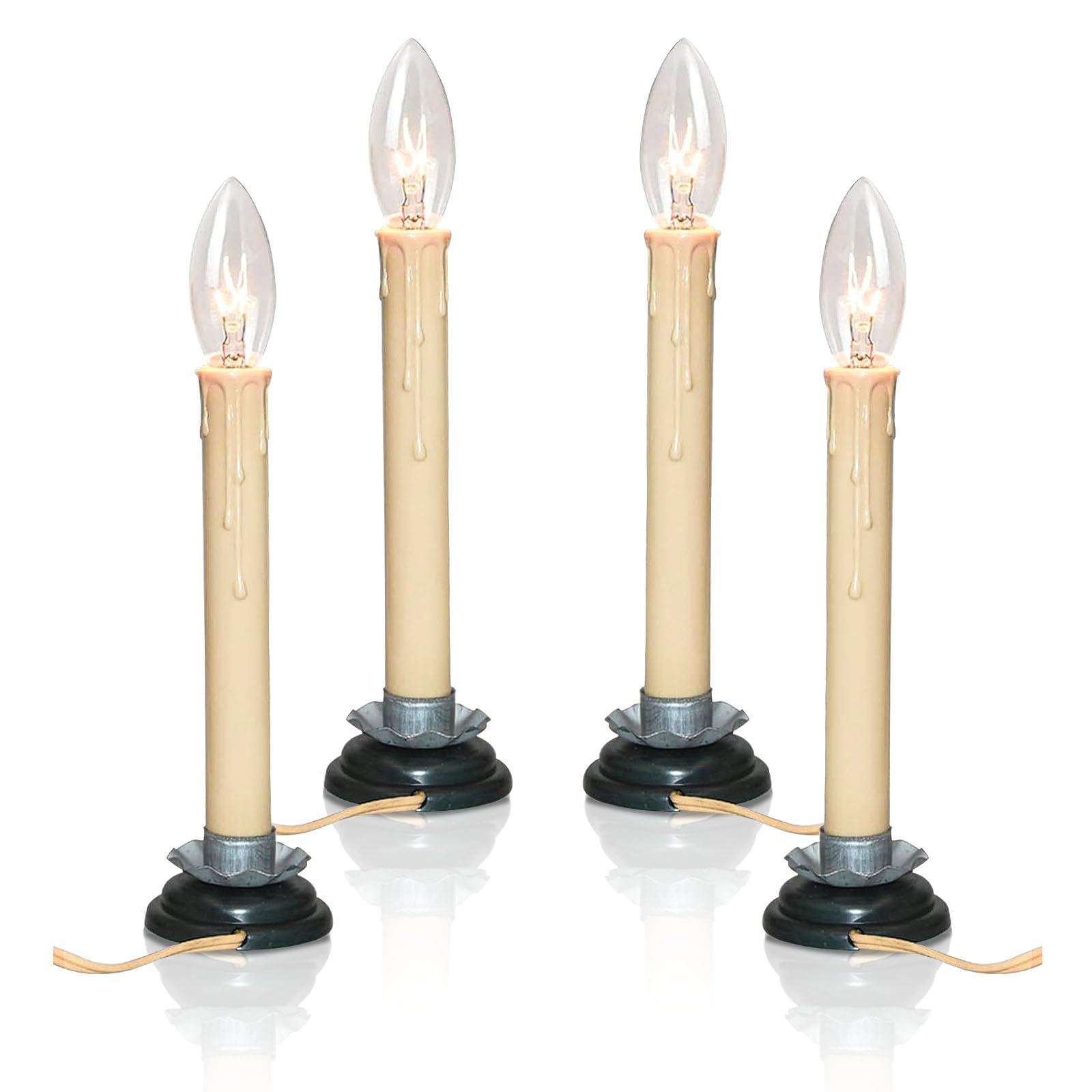 4 Pack of Electric Rustic Country Candle Light On/Off Switch Wooden Base Candlestick 7 Watt C26 Christmas Window Candle Lamp for Home Holiday Party Xmas Decorations
