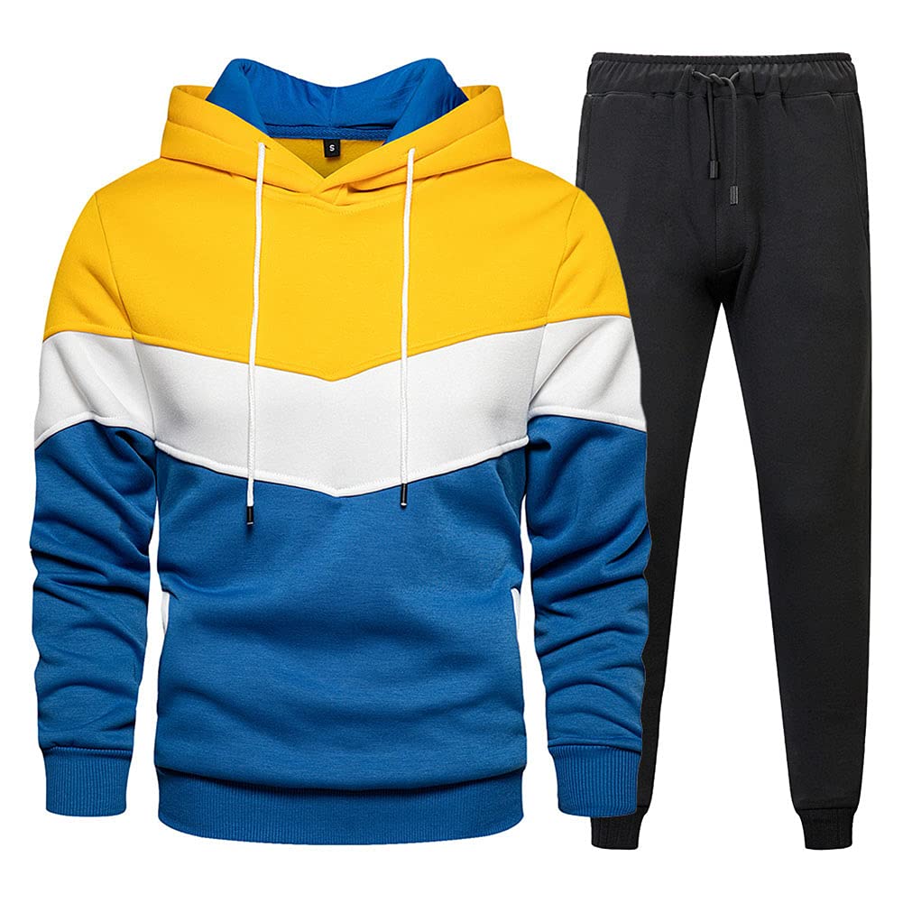 Completo Tuta da Ginnastica Uomo Contrasto Felpa con Cappuccio Top e Pantaloni della Tuta Jogger Tuta Sportiva Patchwork in 2 Pezzi Abbigliamento da Allenamento in Palestra
