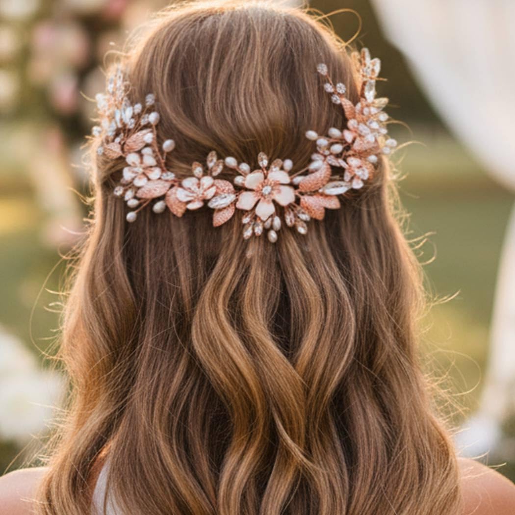 CASDRE Flower Bride Wedding Headpiece Crystal Bridal Hair Accessories Pearl Headband for Women and Girls (C Rose Gold)