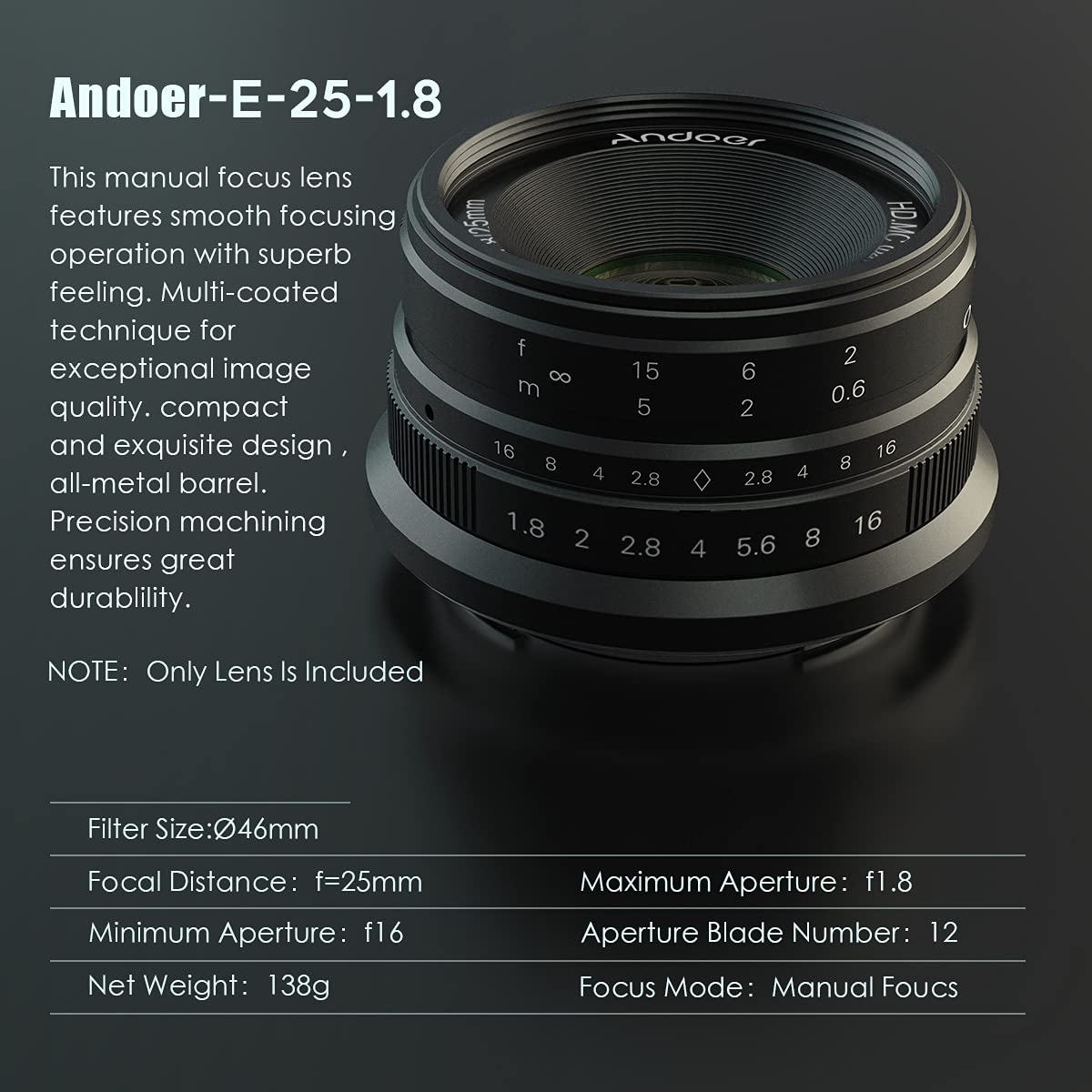 Andoer 25 mm F1.8 APS-C obiektyw do aparatu z ręczną regulacją ostrości do aparatów Sony E-Mount A7III/A9/NEX 3 N/NEX 5 5T 5R/NEX 6 7/A5000/A5100/A6500/A6400/A6300/ A6100/A6100/A66400/A6300/