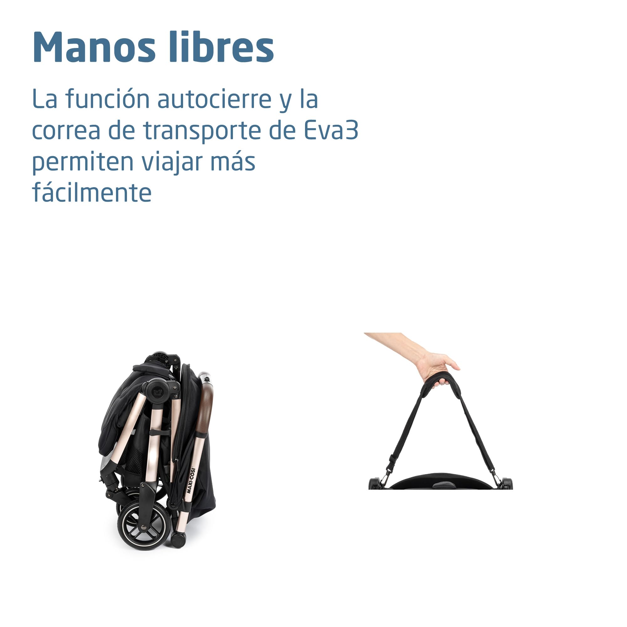 Maxi-Cosi Eva3 Cochecito, 0-4 años, 0-22 kg, silla paseo bebé, cochecito ligero y compacto, posición totalmente reclinada, plegado automático con una mano, Essential Black Champagne