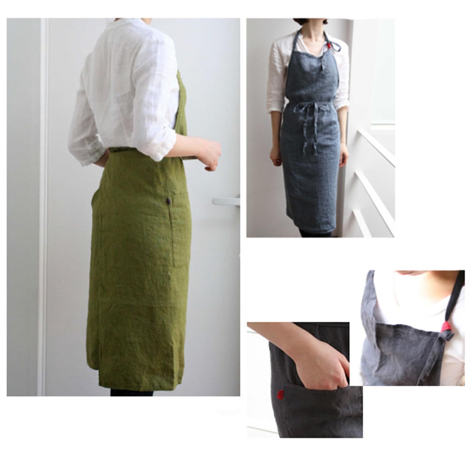 Tabliers Femmes Style Japonais Ajustable Vintage Tablier De Cuisine avec Poches pour La Maison, Le Jardinage, La Restauration, Le Barbecue, Le Restaurant Chrome,One Size