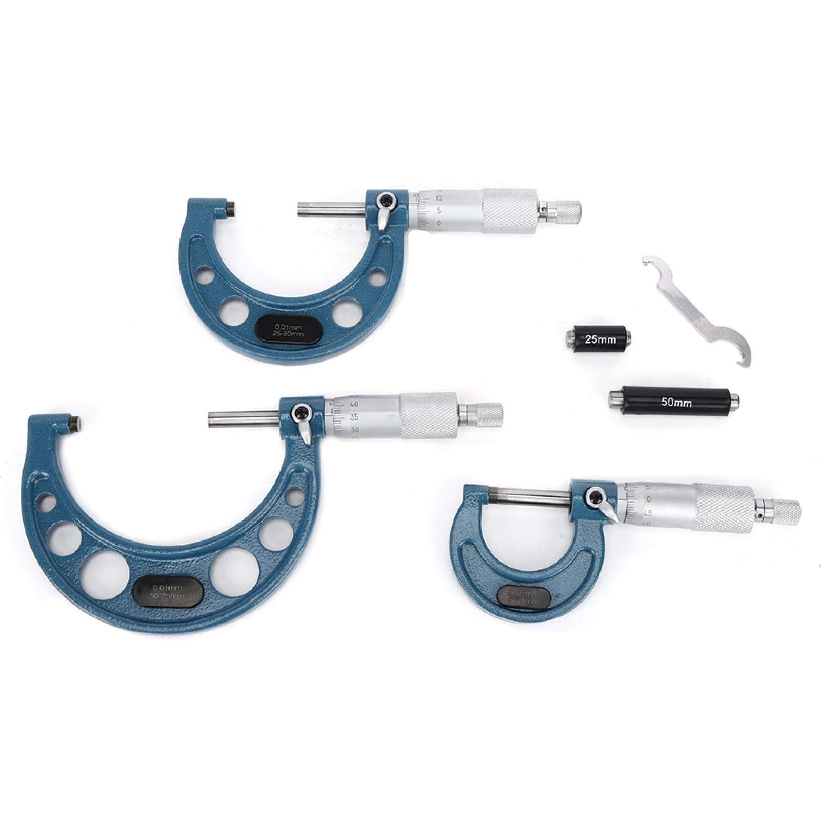 3pcs micromètre, métrique 0-25mm, 25-50mm, 50-75mm roulement en acier outil de mesure du diamètre extérieur de haute précision avec étui, avec tige de mesure de 25mm, 50mm et clé
