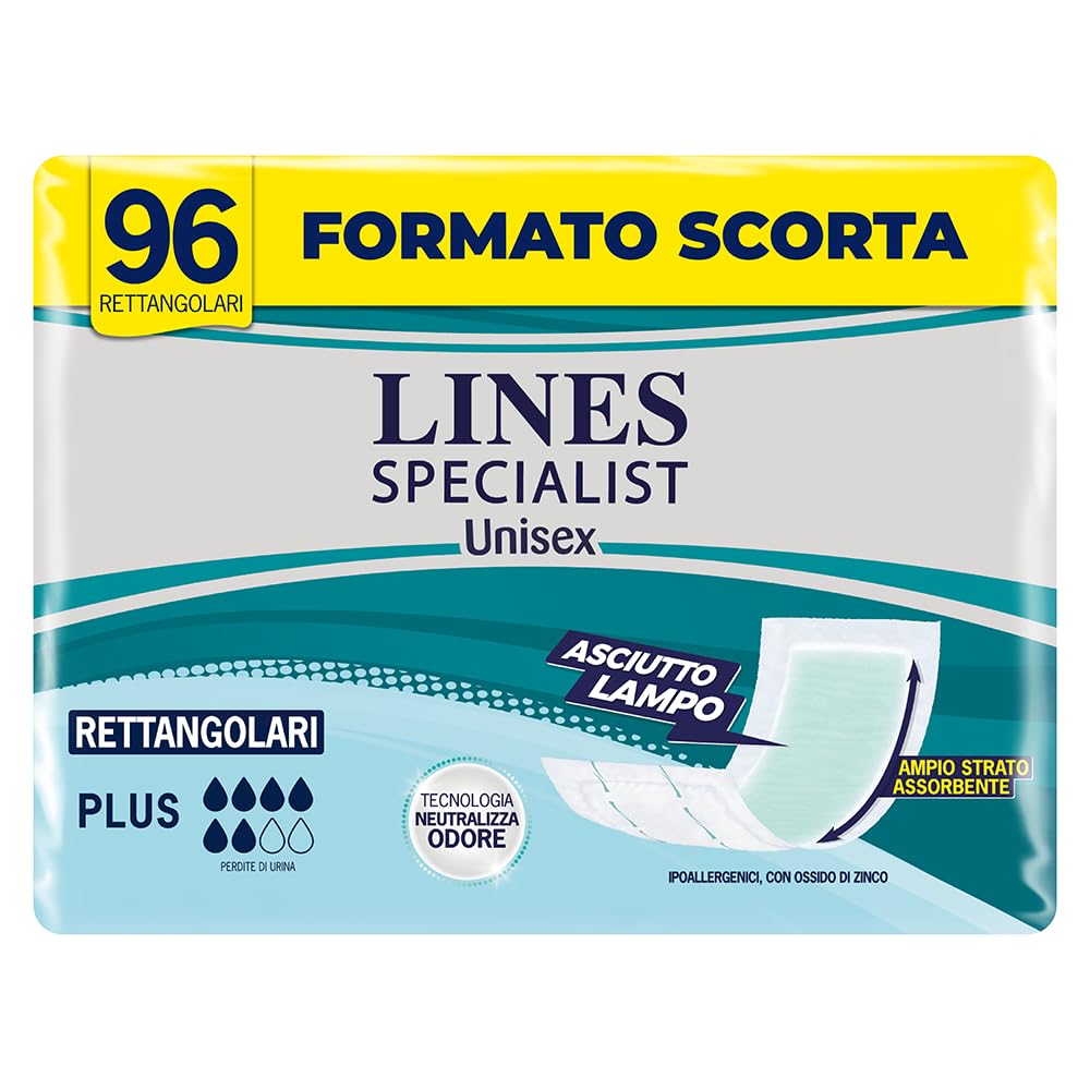 Lines Specialist Prostokątne pieluchy, pieluchy na nietrzymanie moczu dla kobiet i mężczyzn, suchy błyskawica, technologia neutralizująca zapach, chłonność Plus, jeden rozmiar, 96 sztuk