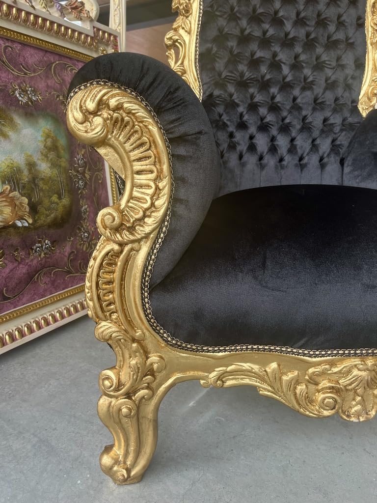 CasAmin Home & Living Sillón gigante con corona dorada, trono de terciopelo negro con mechones de pelo en estilo barroco con acabado dorado para decoración comercial como decoración de fiestas y