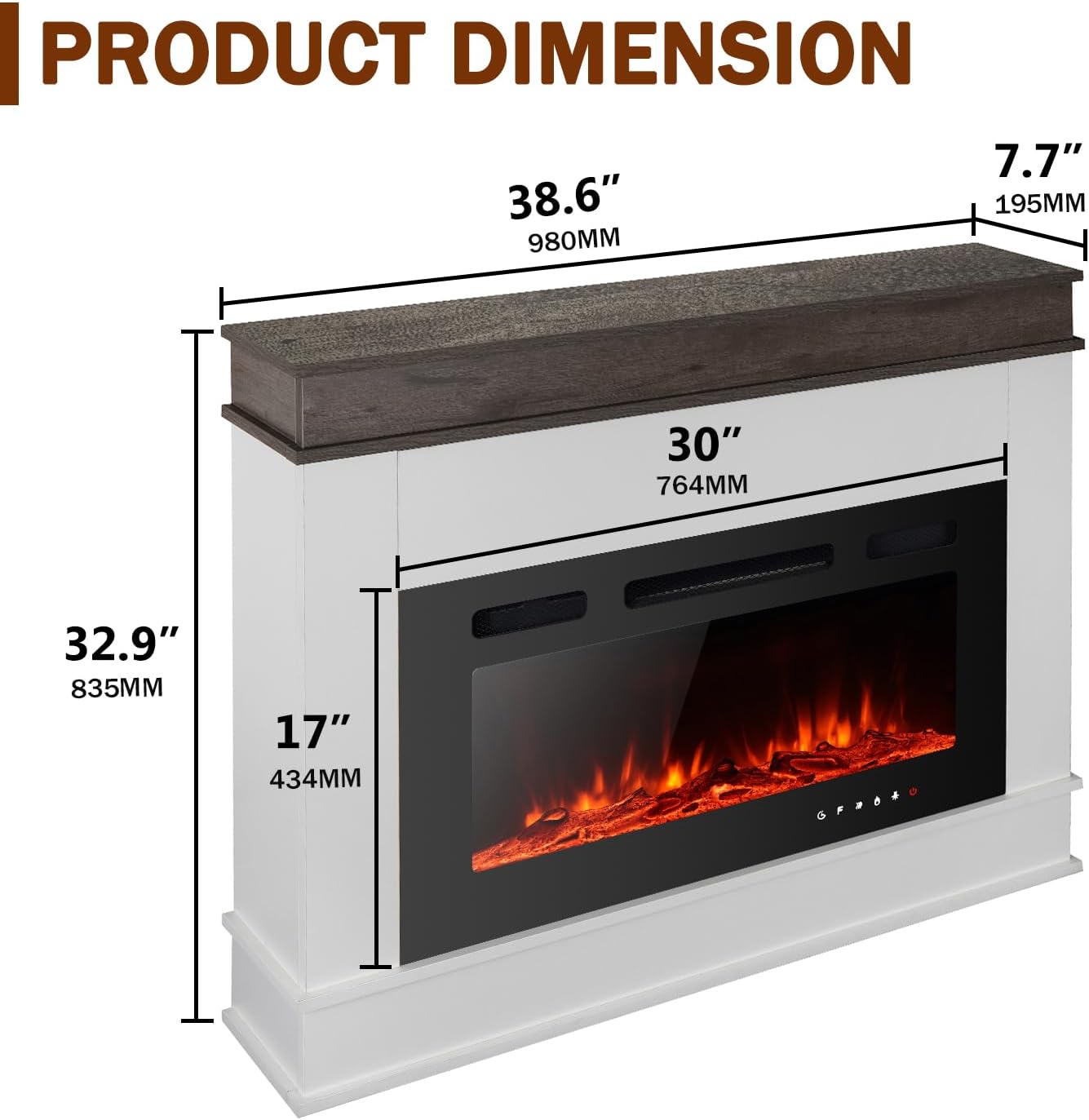 39" Electric Fireplace Mantel Inserts Freestanding Heater for The Living Room Floating Fireplace with 12 LED Colors with Logset and Stones,1500W/750W (30inch with Mantel,White)