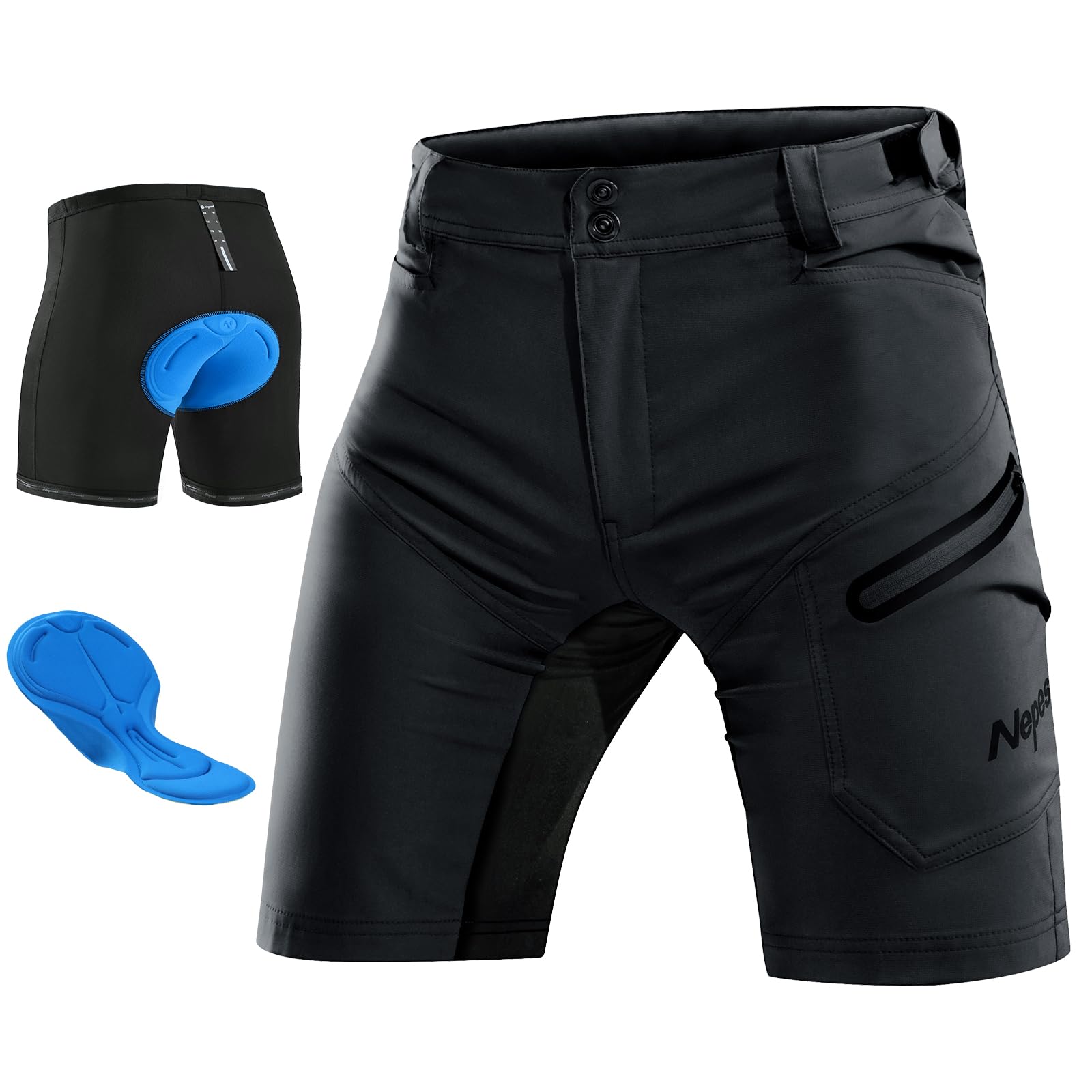 Nepest Mountainbike Hose Herren, 4-Wege-Stretch, Reflektierend Radhose Kurz | Radhose Herren Gepolstert, Leichtes Stretch-Material, Feuchtigkeitsableitend, 3 Taschen, MTB Shorts, Fahrrad, Cycling