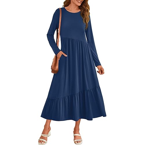HAEOF Womens 2023 Fall Dress Casual Long Sleeve Midi Dress Pleated Tiered Pleated A Line Flowy Long Dresses