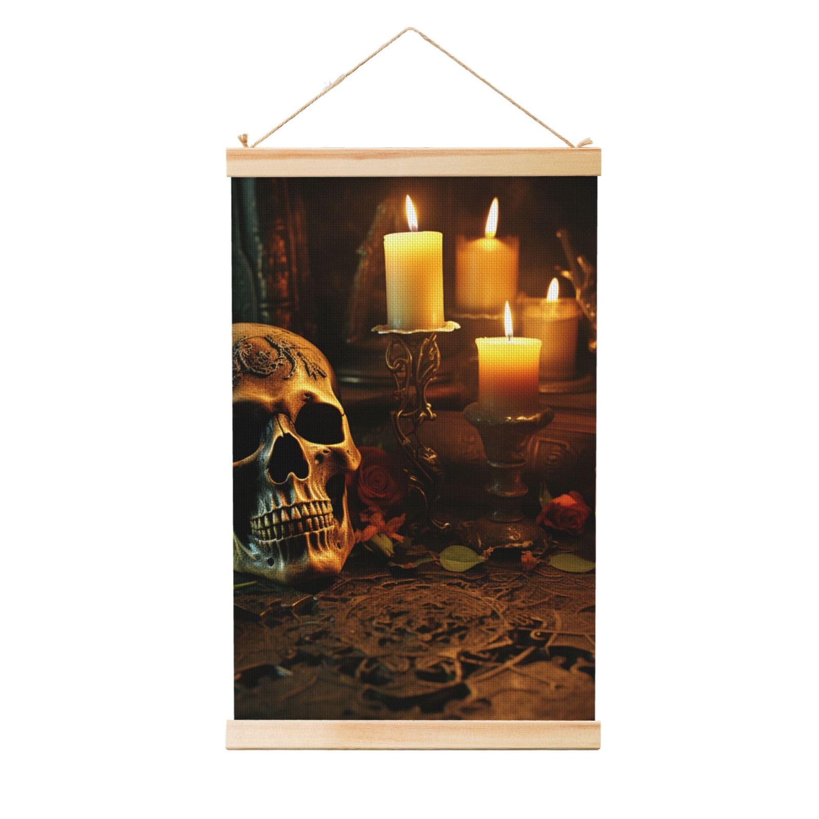 Candles and Scary Skull Poster Wooden Shaft Hanging Poster Wall Hanging Banner Canvas Artwork with Wood Frames 12"x18" Modern Artwork Decor Ready to Hang Wall Art for Home Decor Scroll Painting