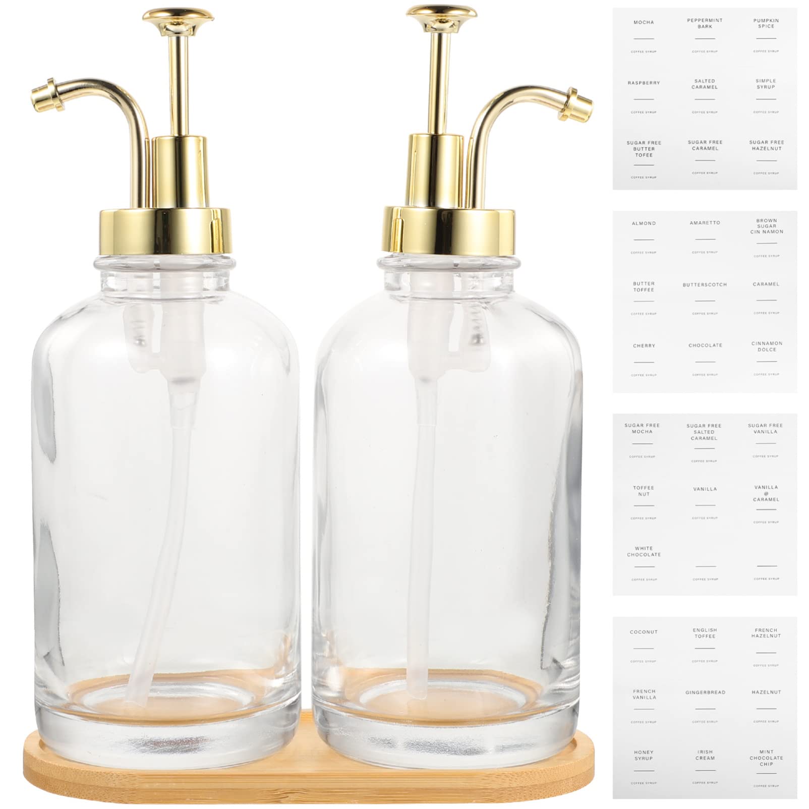 Homoyoyo Botellas de Jarabe de Café de Vidrio 200 Ml Bomba Dorada y Diseño Transparente, Dispensador de Jarabe Multiusos para Cafetería y Cocina, Set de 2 Unidades Soporte y Pegatinas