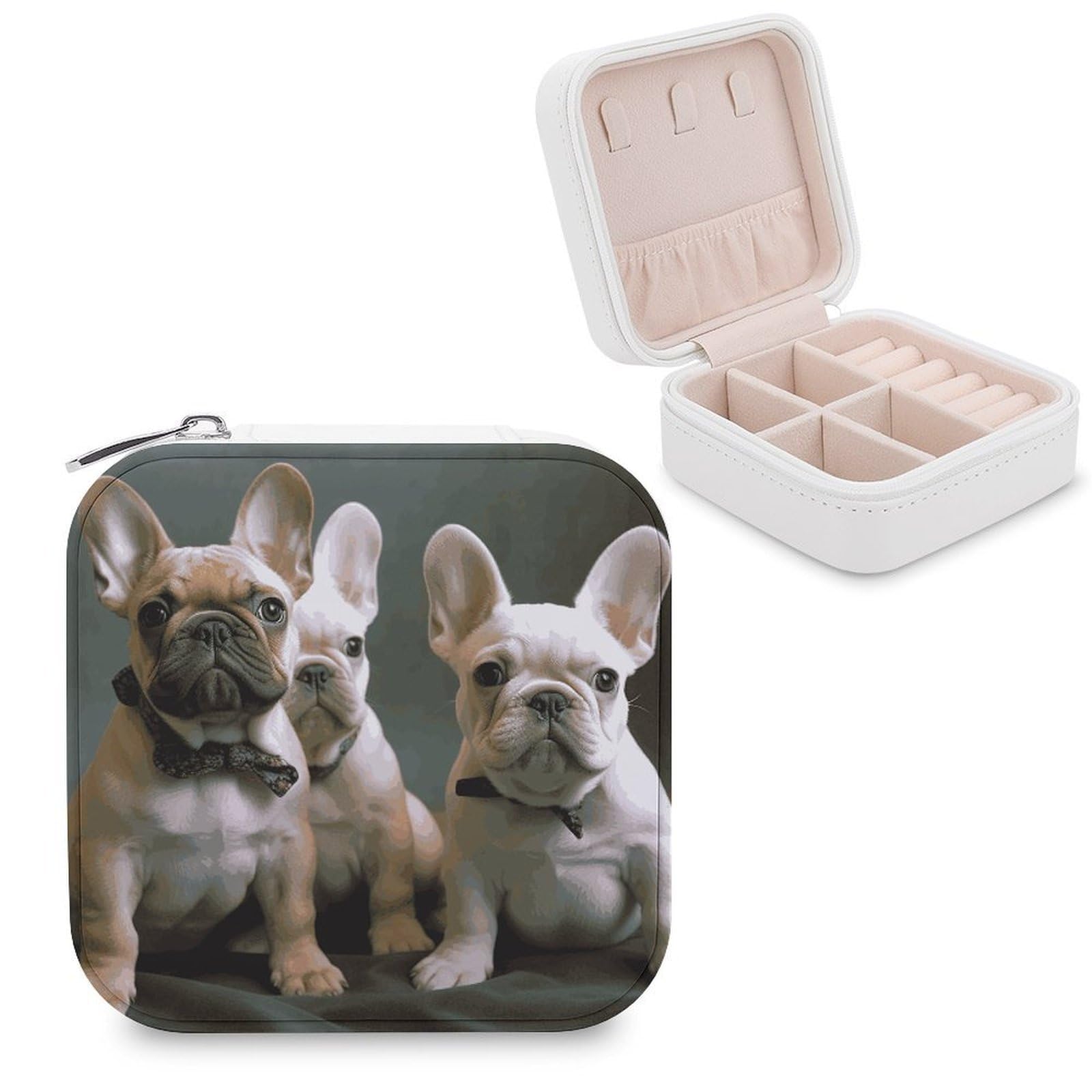 JTREHY Travel French Bulldog Puppies Jewelry Case Portable Display Storage Box PU Leather Mini Jewelry Travel Case Personalized Travel Jewelry Organizer Small Jewelry Box for Women