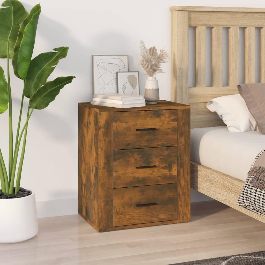 Table de chevet en chêne fumé 3 tiroirs de rangement pour chambre d'enfant et adulte