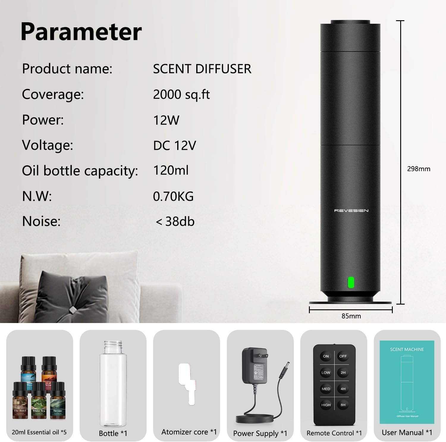 Waterless Scent Diffuser Kit, Includes 5 Premium Oils, 2000 Sq.Ft Coverage, Hotel Collection Scent Diffuser for Home, Studio, Essential Oil Diffuser Large Room, Remote & APP Control - Black