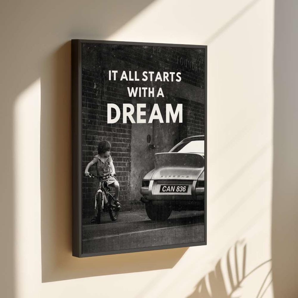 PERSONALISIERBARES Porsche Poster mit WUNSCHKENNZEICHEN | It all starts with a dream | Motivationsbilder | Porsche 911 Poster Auto Bild | Wandbild Büro Deko Office Garage Geschenk Männer Werkstatt