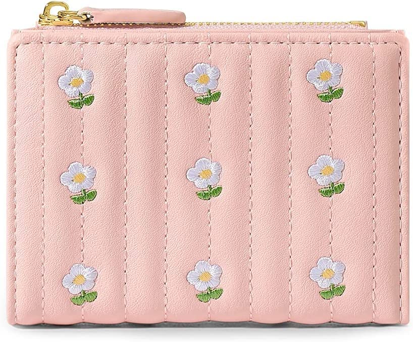 Girls Cute flowers Print Wallet, Small Tri-folded Aesthetic Wallet, PU Leather Purse Cash Pocket Card Holder ID Window Purse for Women(Pink)