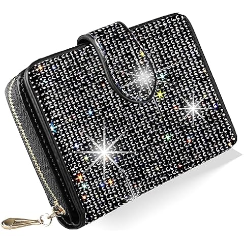 LIFUTOPIA Bling Rhinestone Small Womens Wallet Girls Clutch Artificial Diamond Purse Credit Card ID Coin Holder W/Zipper Black Cover