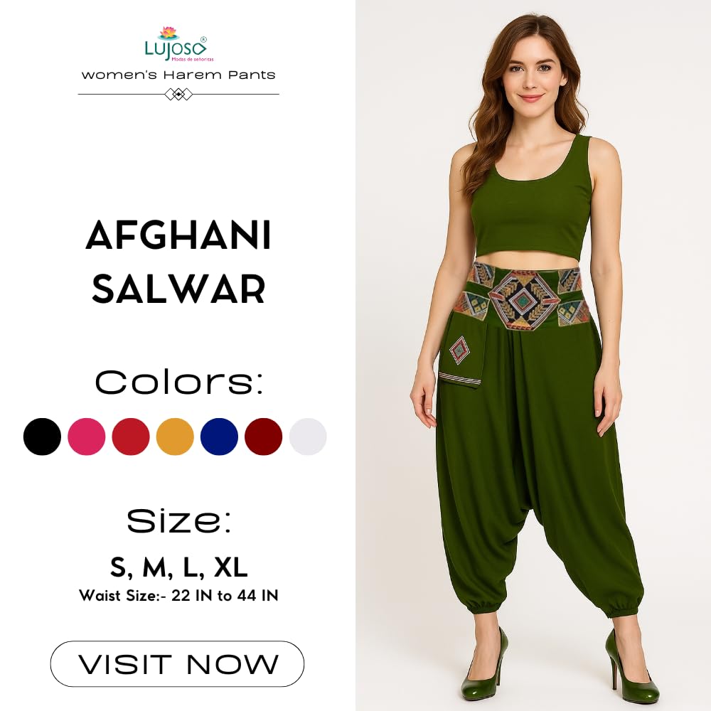 LUJOSO Harem Pants for Women | Stylish Afghani Salwar | Women's Rayon Fabric Pants Loose Fit for Yoga & Dancing | Waist Size 22 to 42 Inches, Free Size (in, Alpha, M, Regular, Green) 1