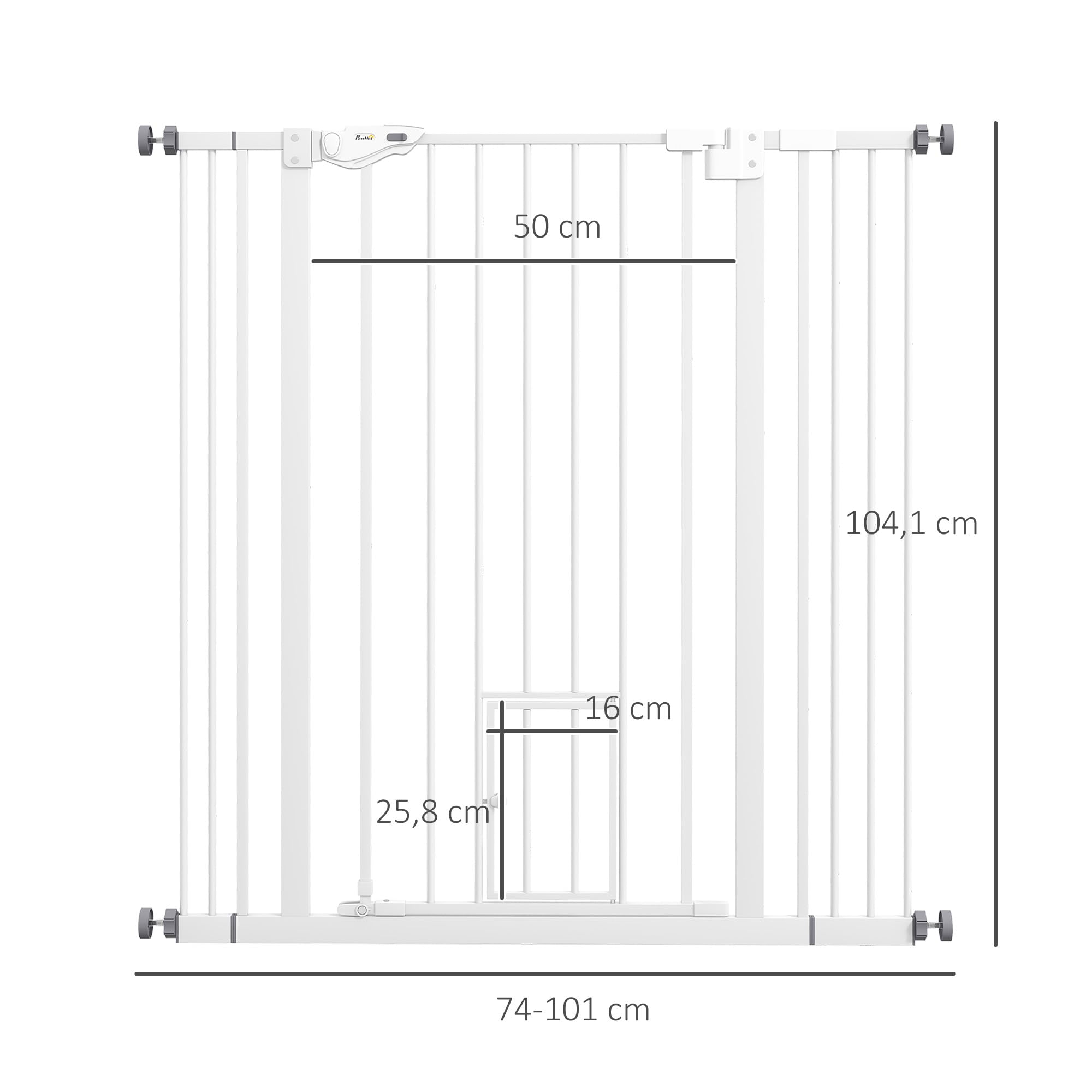 PawHut Barrera de Seguridad para Perros con 1 Puerta Pequeña 74-101x104,1 cm Barrera para Mascotas Extensible con Cierre Automático y Sistema de Doble Bloqueo para Puerta Pasillo Escalera Blanco