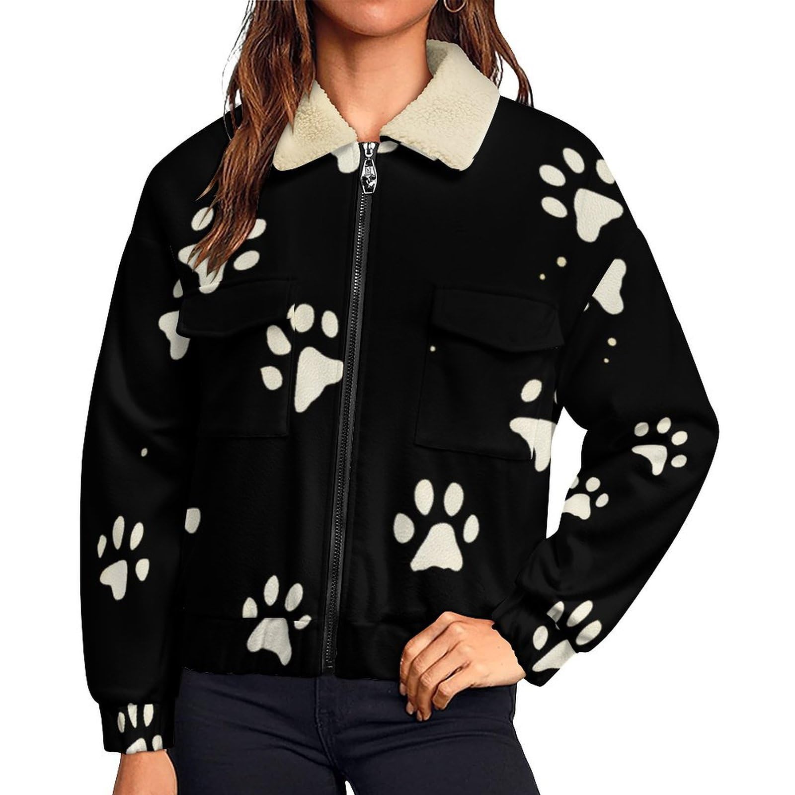 Veste Femme Empreinte De Patte De Chien Mignonne Hiver Veste Polaire Femme Thème Animalier Sweat À Sweatshirt Avec Zippée Noir Manteau D'Hiver Chaud Manches Longues Manteaux Blouson Thermique