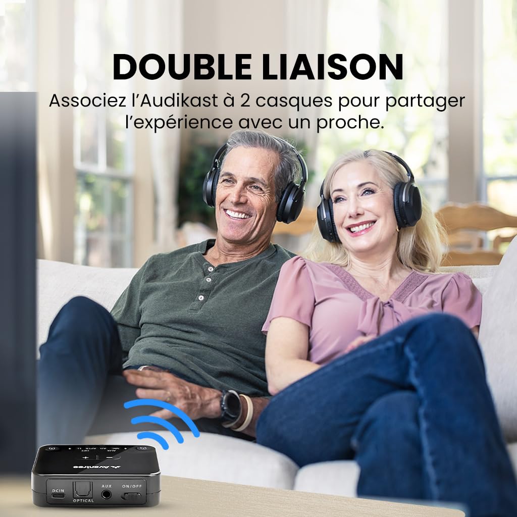 Avantree Audikast 3 – Émetteur Bluetooth 5.3 pour TV avec Port de Sortie Audio Optique ou AUX, aptX-Adaptive, Transmetteur Adaptateur Audio sans Fil pour Casque