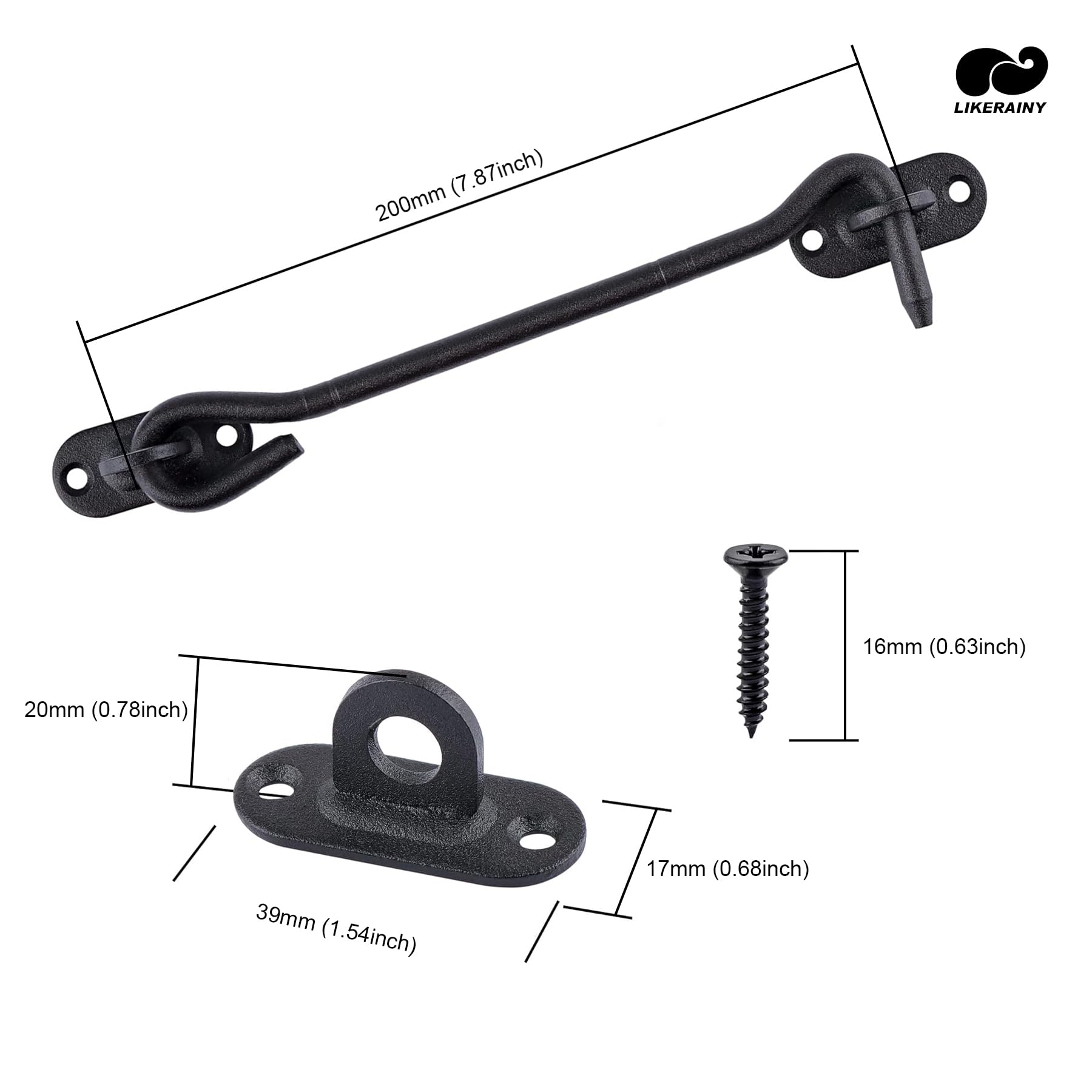 LIKERAINY Stainless Steel Cabin Hook 200 mm Gate Latch Door Lock for Sliding Barn Door Cabinet Window Shed Garden Fence Doors Black Pack of 4 pcs - Image 2