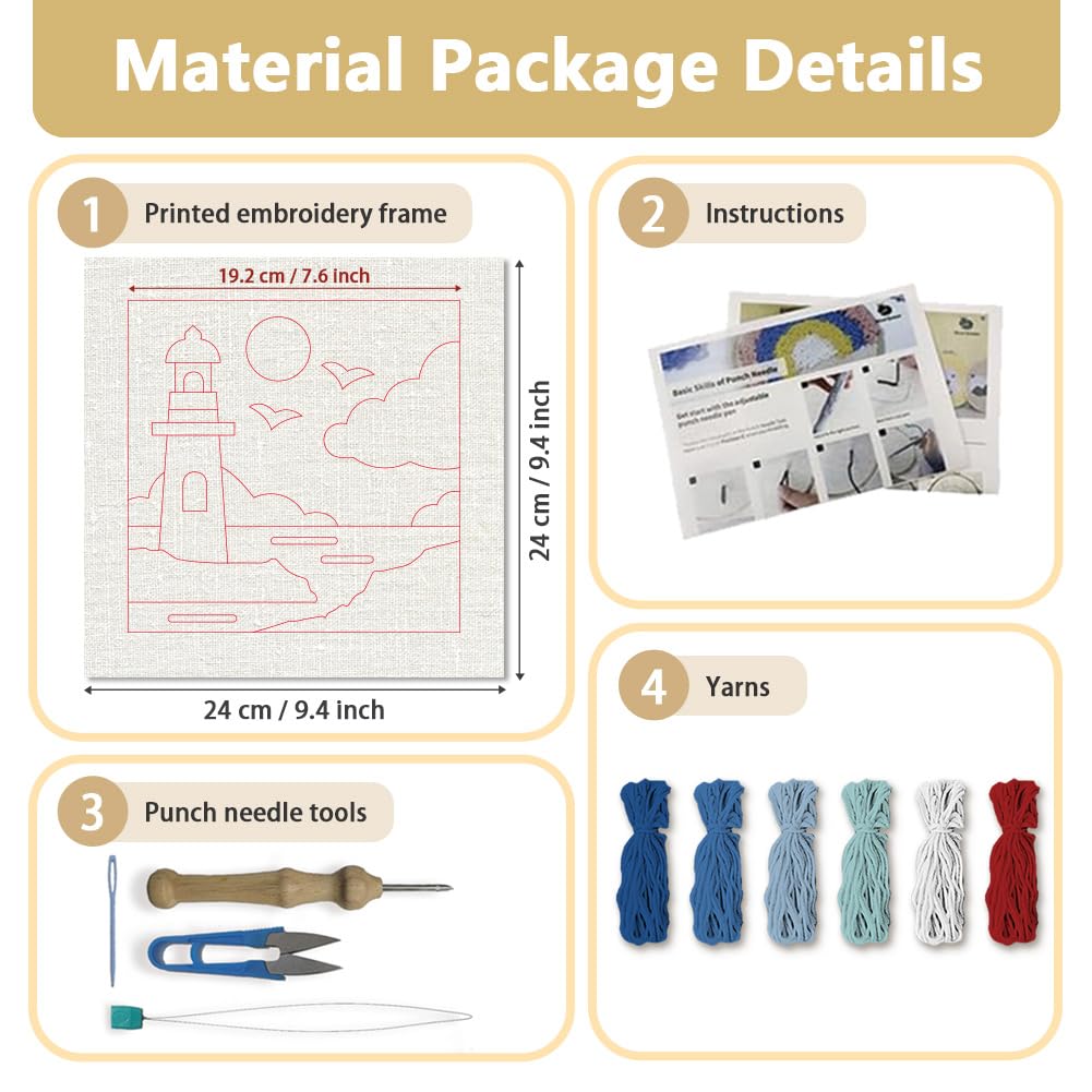 DOODLREAM Lighthouse DIY Punch Needle Embroidery Kit for Adult Beginner 24cm Sea Building Punch Stitching Craft Set for Starter with Frame Fabric Pattern - Image 2