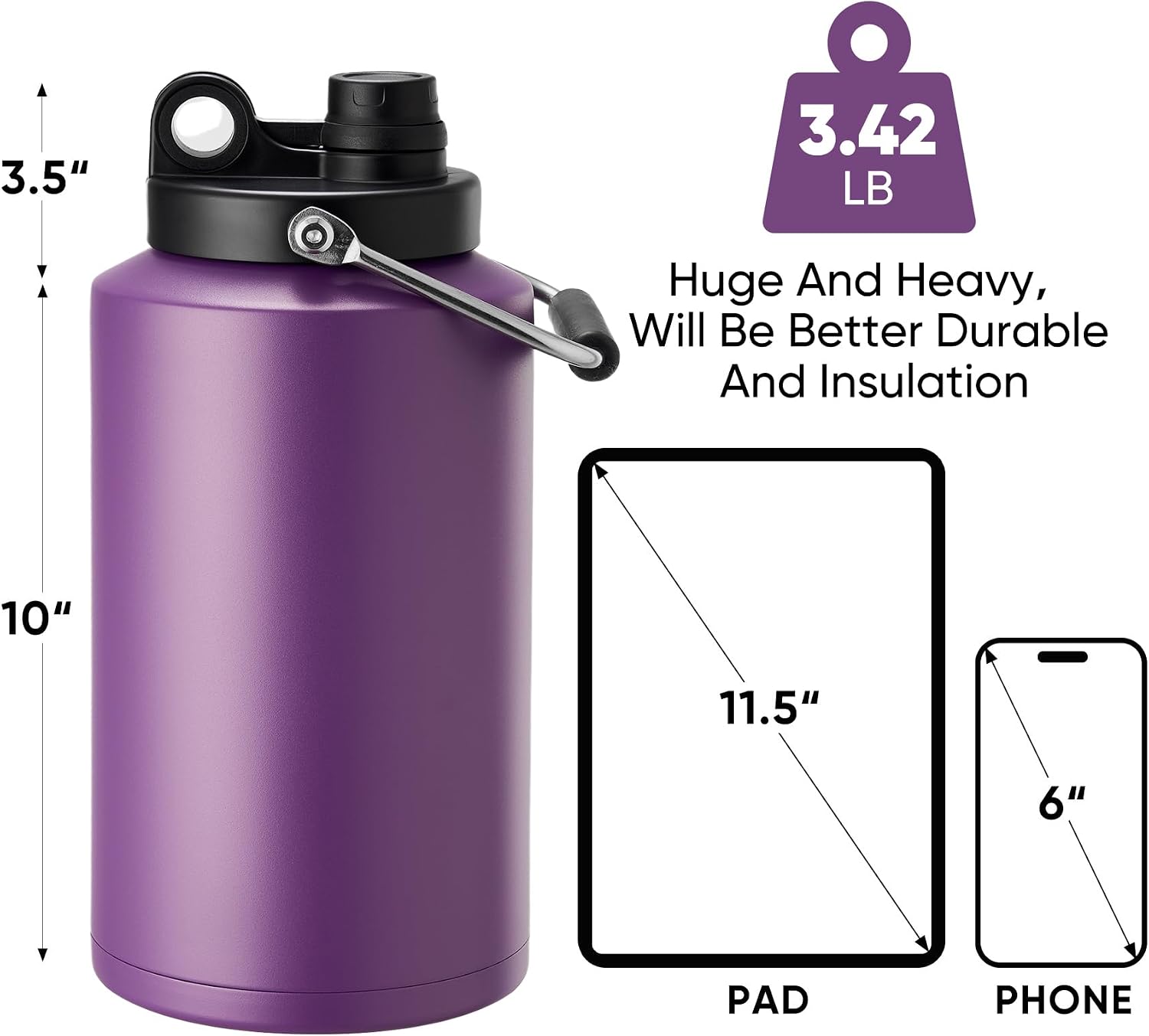 Kerilyn Insulated Gallon Jug with Handle, One Gallon, 128oz Stainless Steel, Large Double Vacuum Water Bottle for Hot & Cold Drinks, Wide Mouth, Sweat Proof, Great for Travel, Camping, Dark Purple