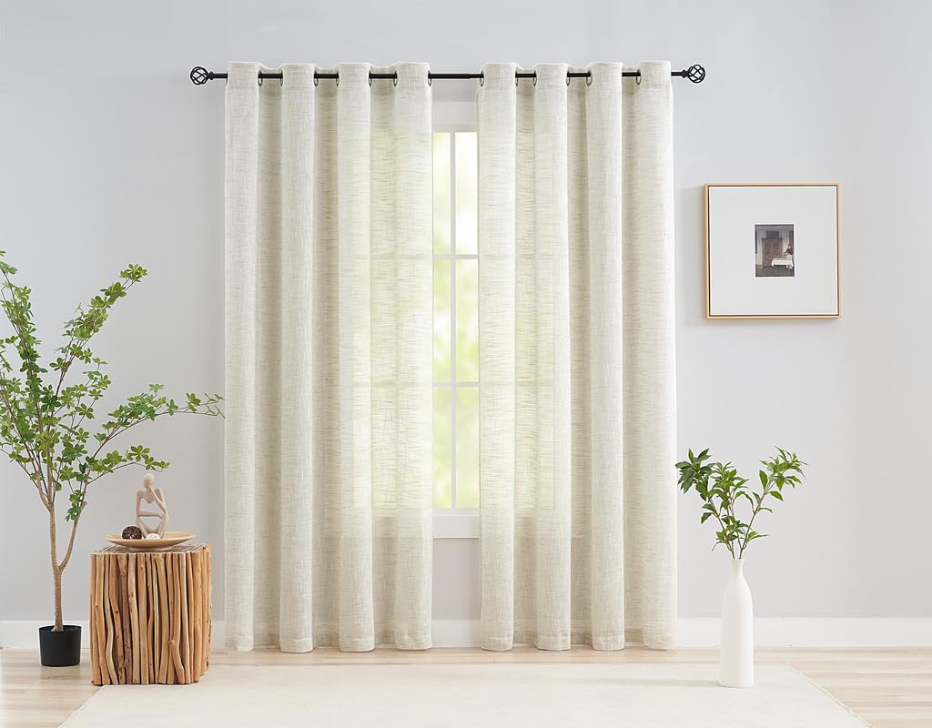 Treatmentex Cortinas Beige Semi Transparente 2 Piezas con Aspecto Textura de Lino de Gasa con Ojales, 225cm Alto 140cm Ancho para Habitacion, Dormitorio, Filtra de Luz, Protección de la privacidad