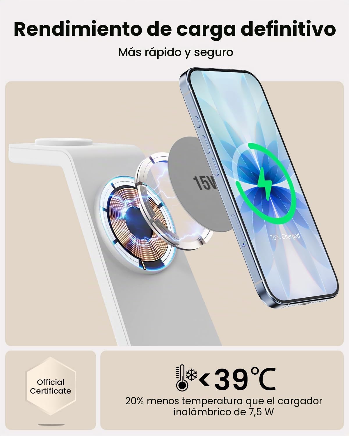 GEEKERA Cargador Inalámbrico 3 en 1 Certificado, Estación de Carga Rápida 15W Compatible con iPhone Air/17/16/15/14/13/12, Base Cargador para Apple Watch 11-2 y AirPods, Blanco Gris