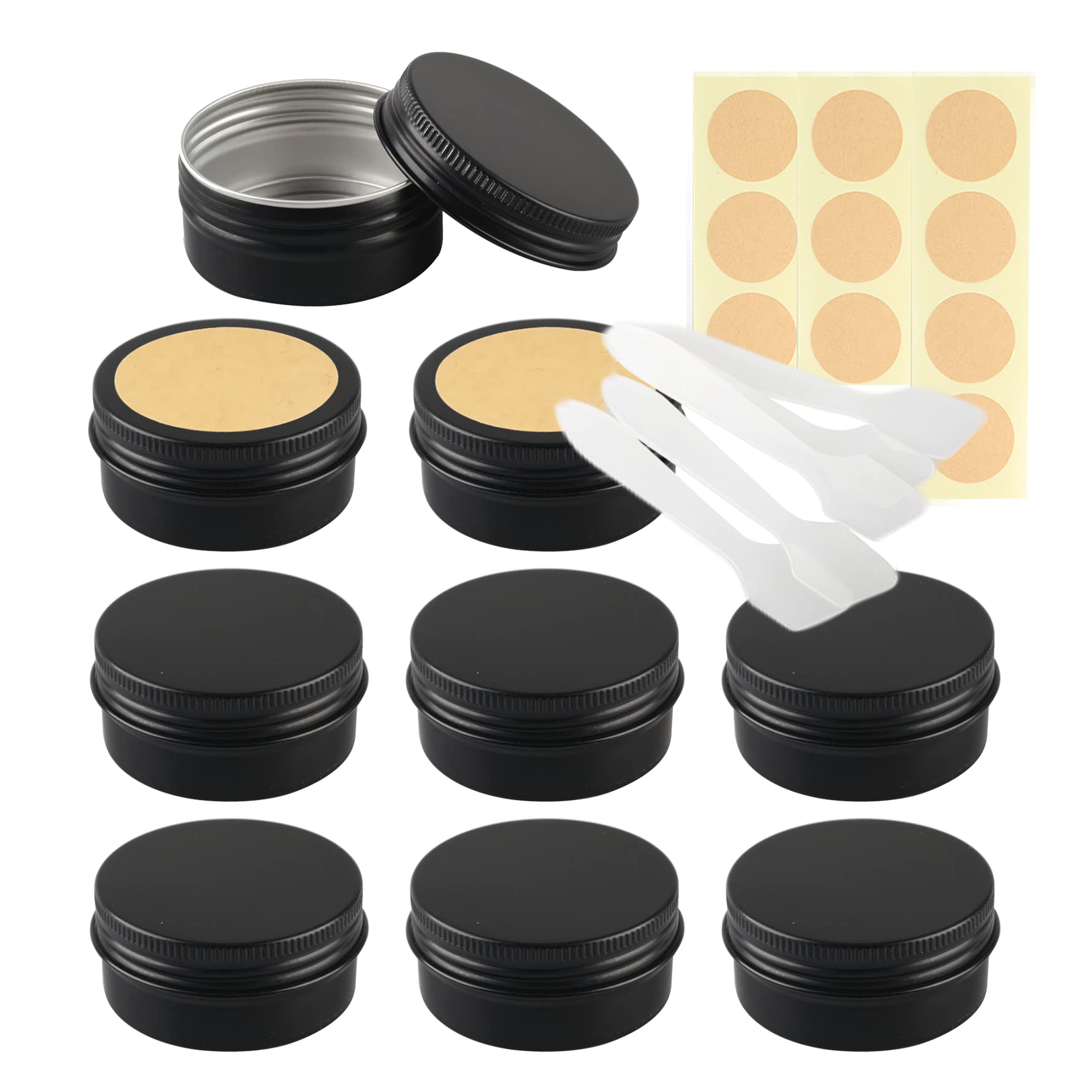 LusDoly Pack of 10 Empty 50ml Matte Black Aluminium Tins with Lids - Ø57x28mm Travel Round Aluminum Screw Pots Cosmetic Cream Container Jars for Candle Lip Balm, Salve, with Spatulas & Labels — image 1