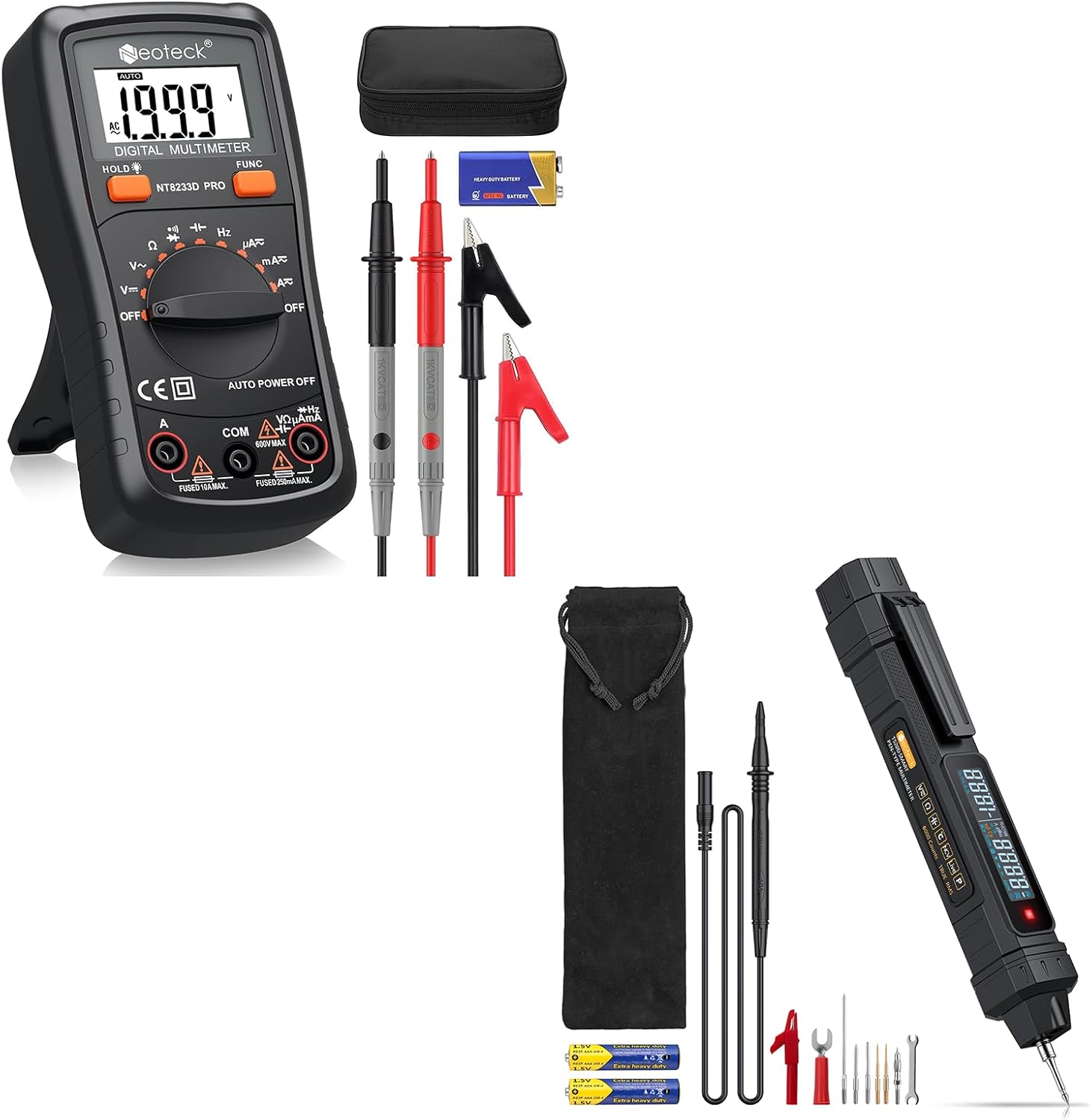 Neoteck Professional Electrical Kit: Auto Ranging Digital Multimeter & 3-in-1 Pen Multimeter with Phase Sequence Detection,AC/DC Voltage,Current,Resistance,Continuity,Capacitance