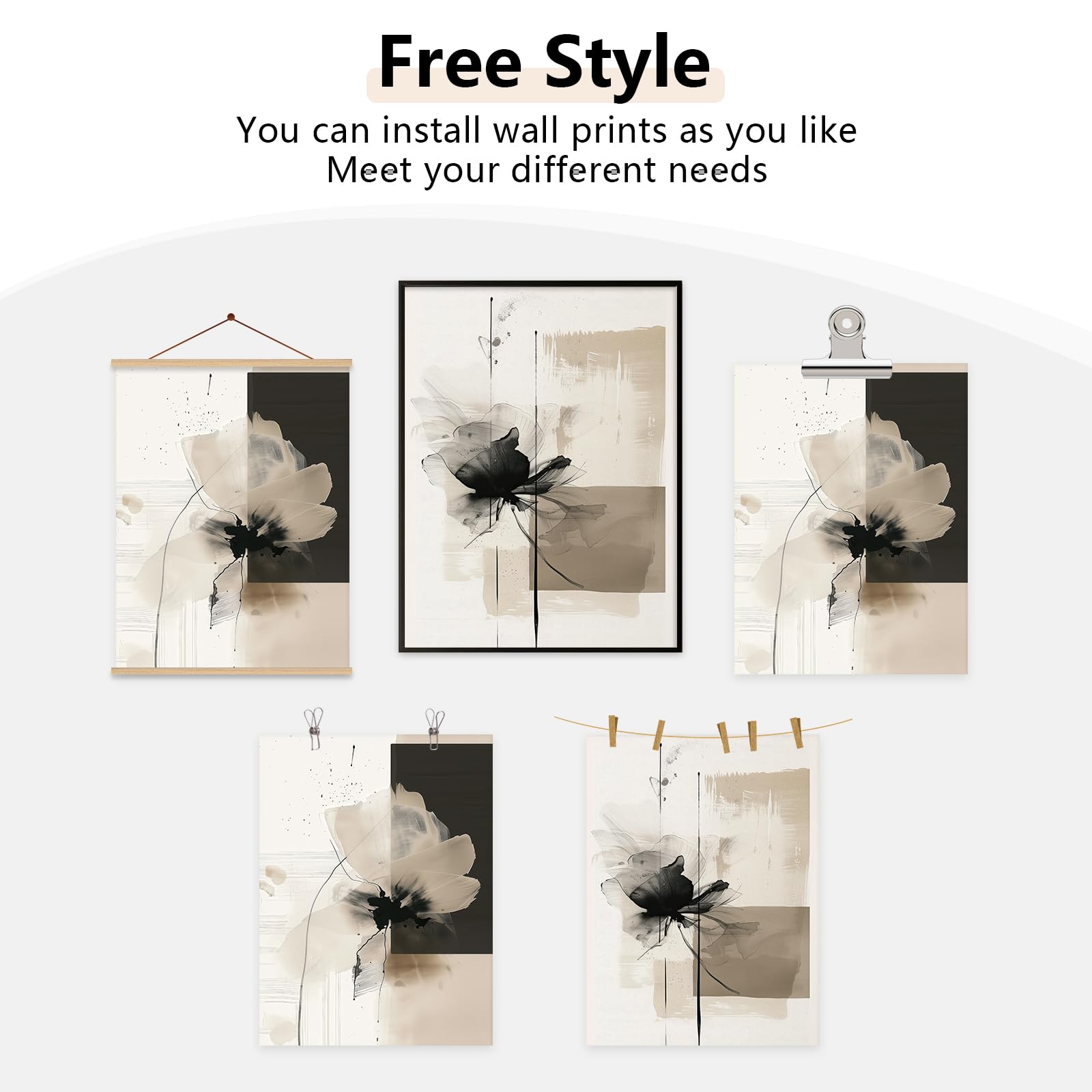 Abstract Floral Wall Art Minimalist Neutral Canvas Painting Beige Black 12x16