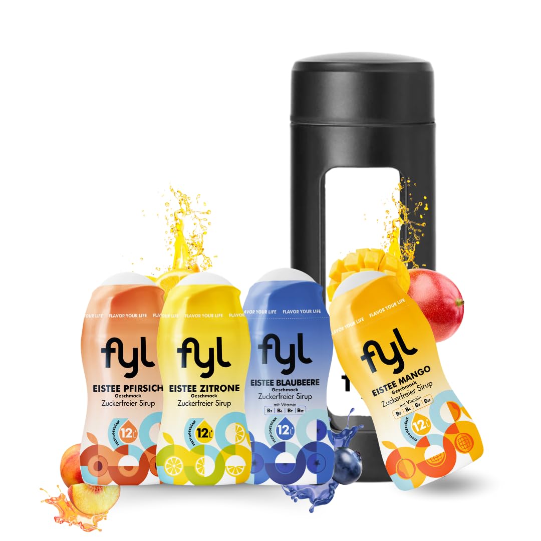 fyl Zuckerfreier Sirup Starterset Eistee für 48L Zero Getränk + 460ml Trinkflasche – enthält Vitamin-B-Komplex - Perfekter Durstlöscher für zu Hause und Unterwegs