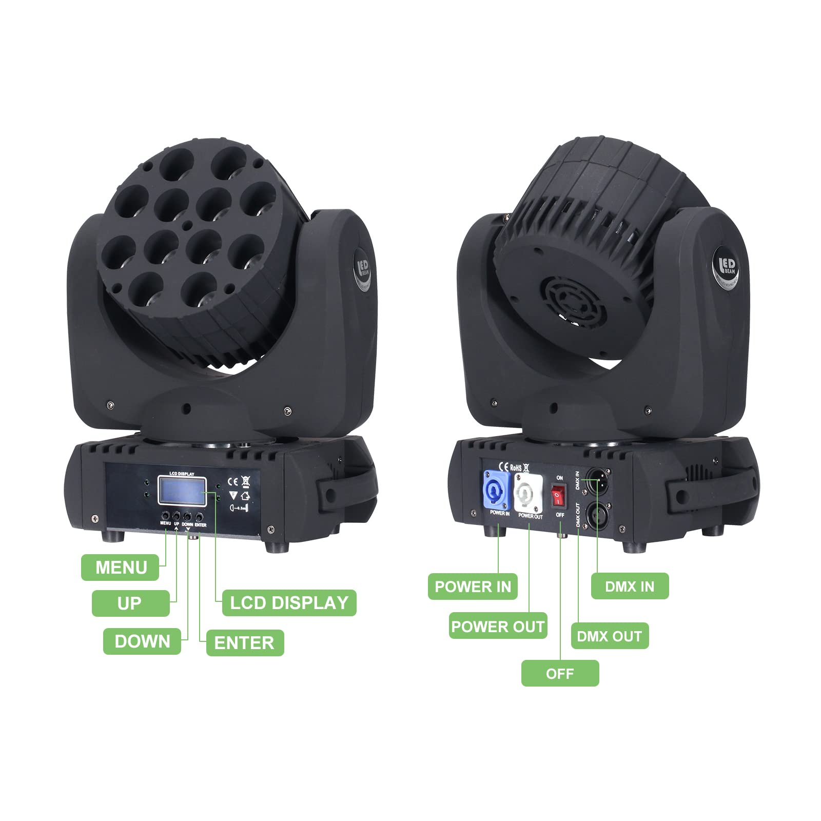 Lot de 2 faisceaux lumineux à tête mobile 12 x 12 W LED RGBW 4 en 1 professionnel DMX 512 effet stroboscopique activé par le son pour DJ, discothèque, karaoké, bar
