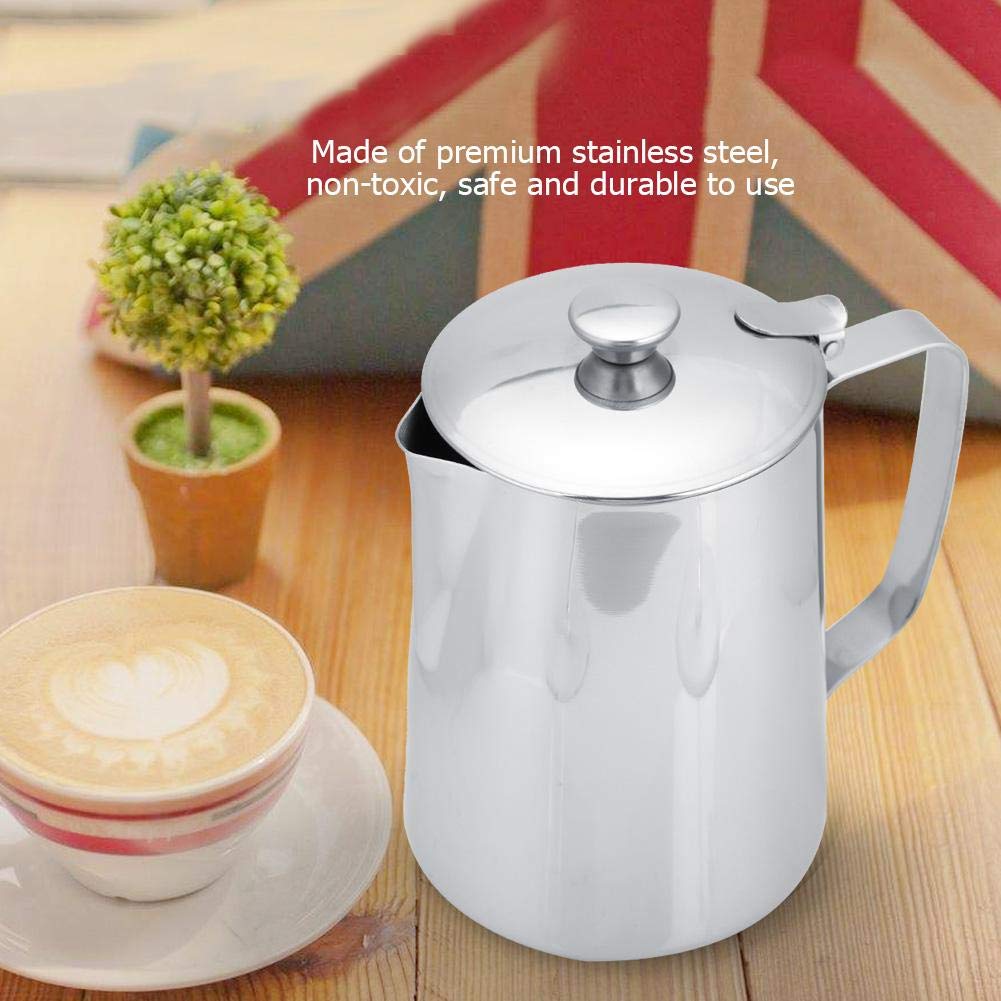 Jadeshay Bricco Latte,600ml Tazza Caffè Montalatte Acciaio Inossidabile con Manico e coperchio,Brocca per Latte Art per Versare Caffè e Preparare Cappuccino e Latte per Cucina e Ufficio